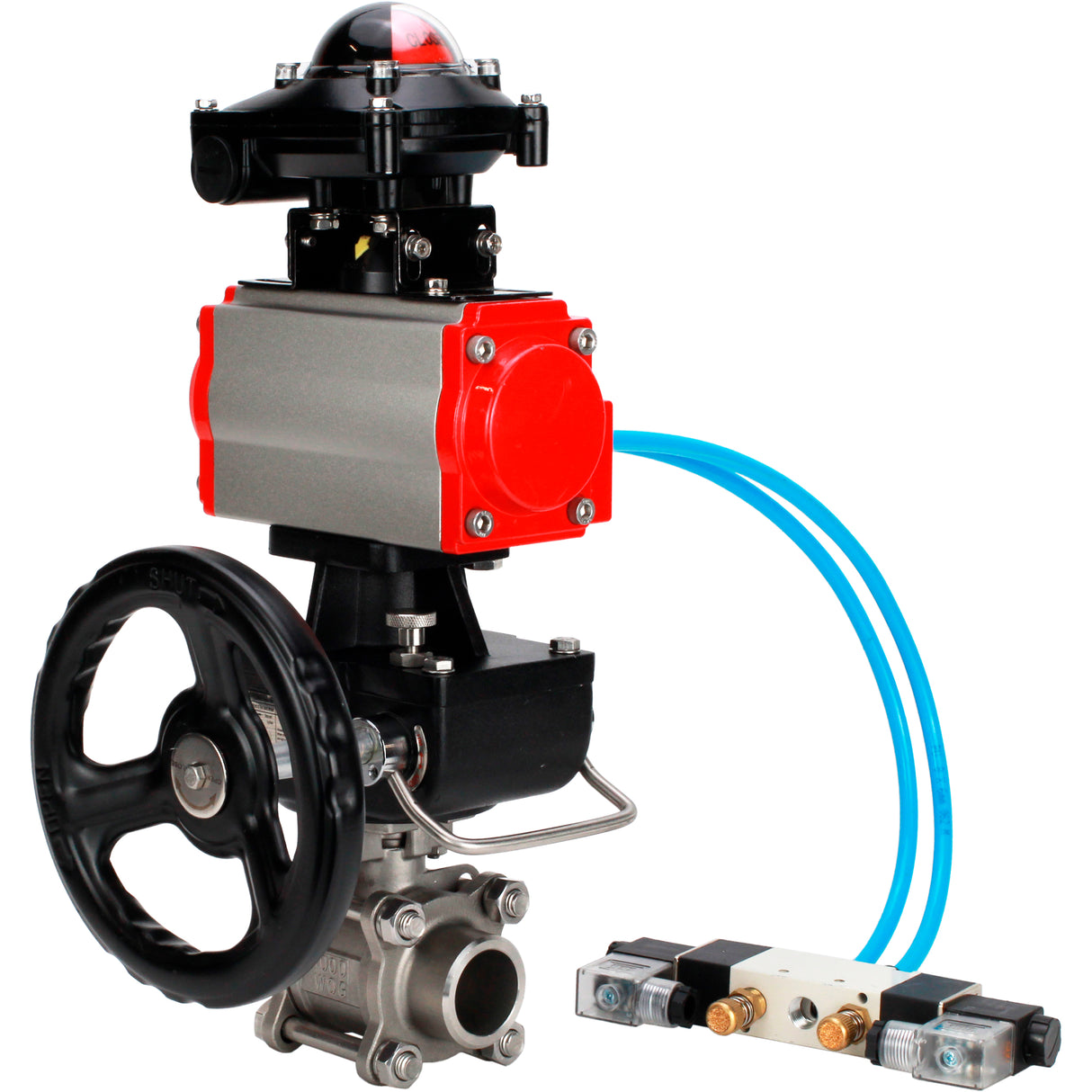 Ball valves Elephant BV3232P(3pc)-FP-W-ISO-H WDVF DN15-32 63 bar full bore, 316 stainless steel, seal - PTFE, for welding, with PA-DA pneumatic actuator, pneumatic distributor 4V320-08 220V, LSU APL-210N, manual backup for MON