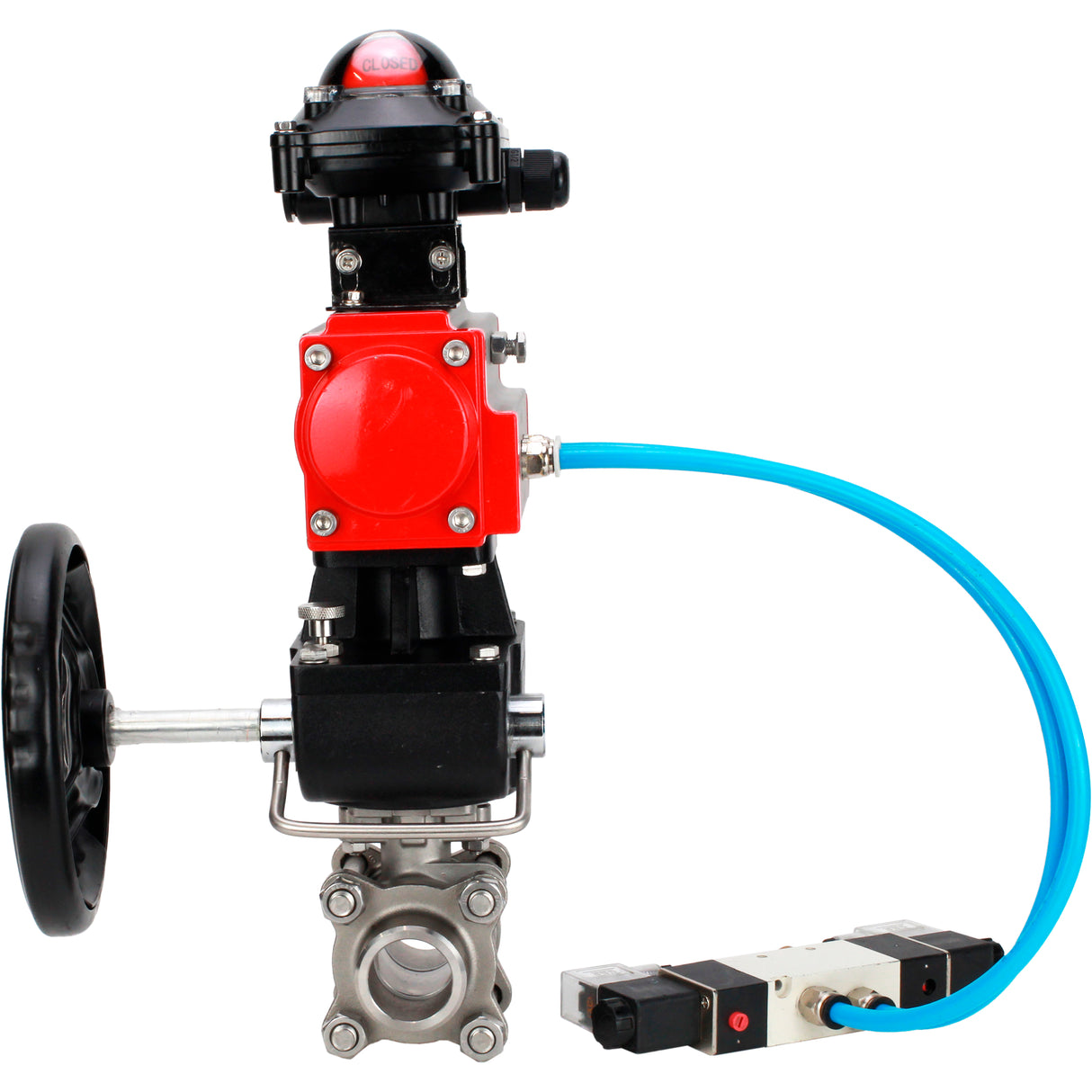 Ball valves Elephant BV3232P(3pc)-FP-W-ISO-H WDVF DN15-32 63 bar full bore, 316 stainless steel, seal - PTFE, for welding, with PA-DA pneumatic actuator, pneumatic distributor 4V320-08 220V, LSU APL-210N, manual backup for MON