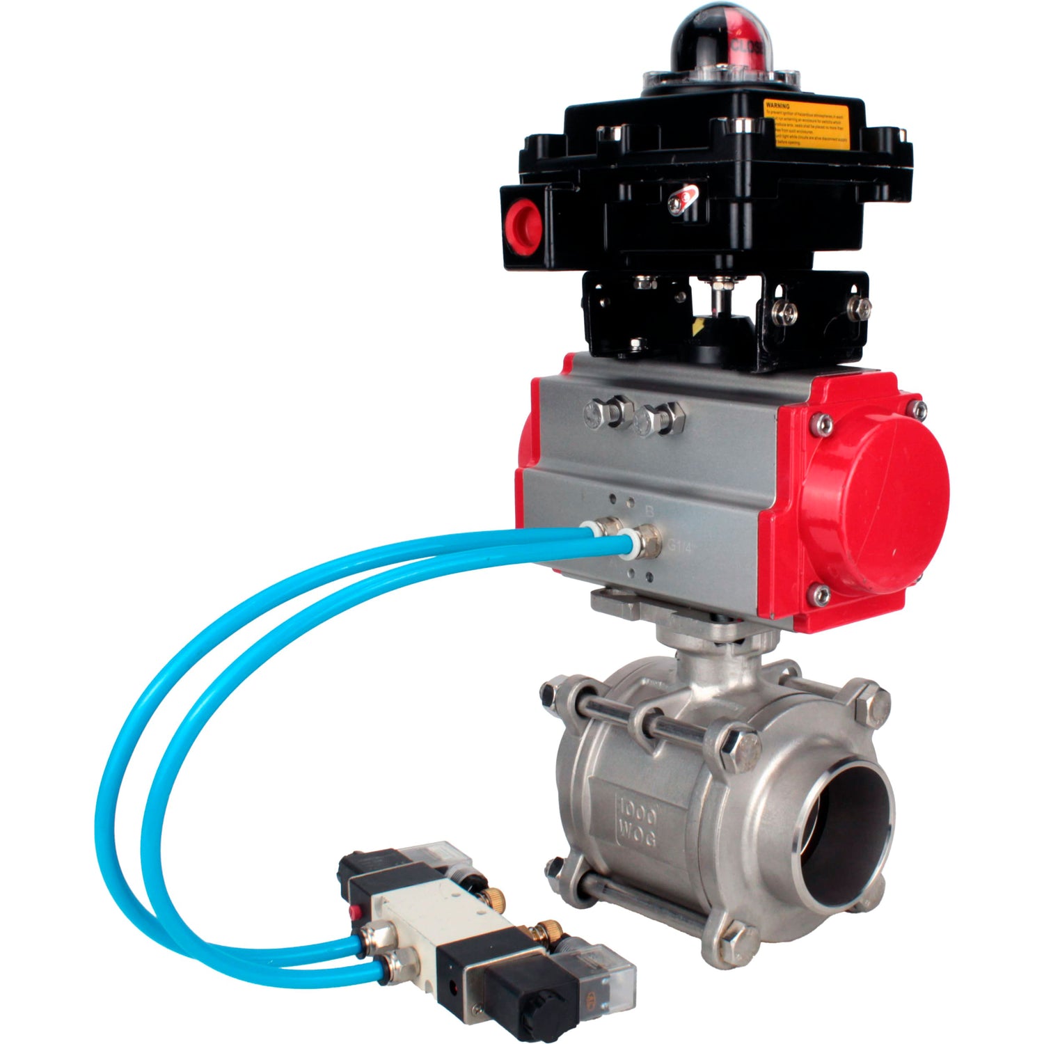 Ball valves Elephant BV3232P(3pc)-FP-W-ISO-H WDVF DN15-32 63 bar full bore, body - 316 stainless steel, seal - PTFE, for welding, with PA-SA pneumatic actuator, pneumatic distributor 4V320-08 220V, LSU APL-410N EX