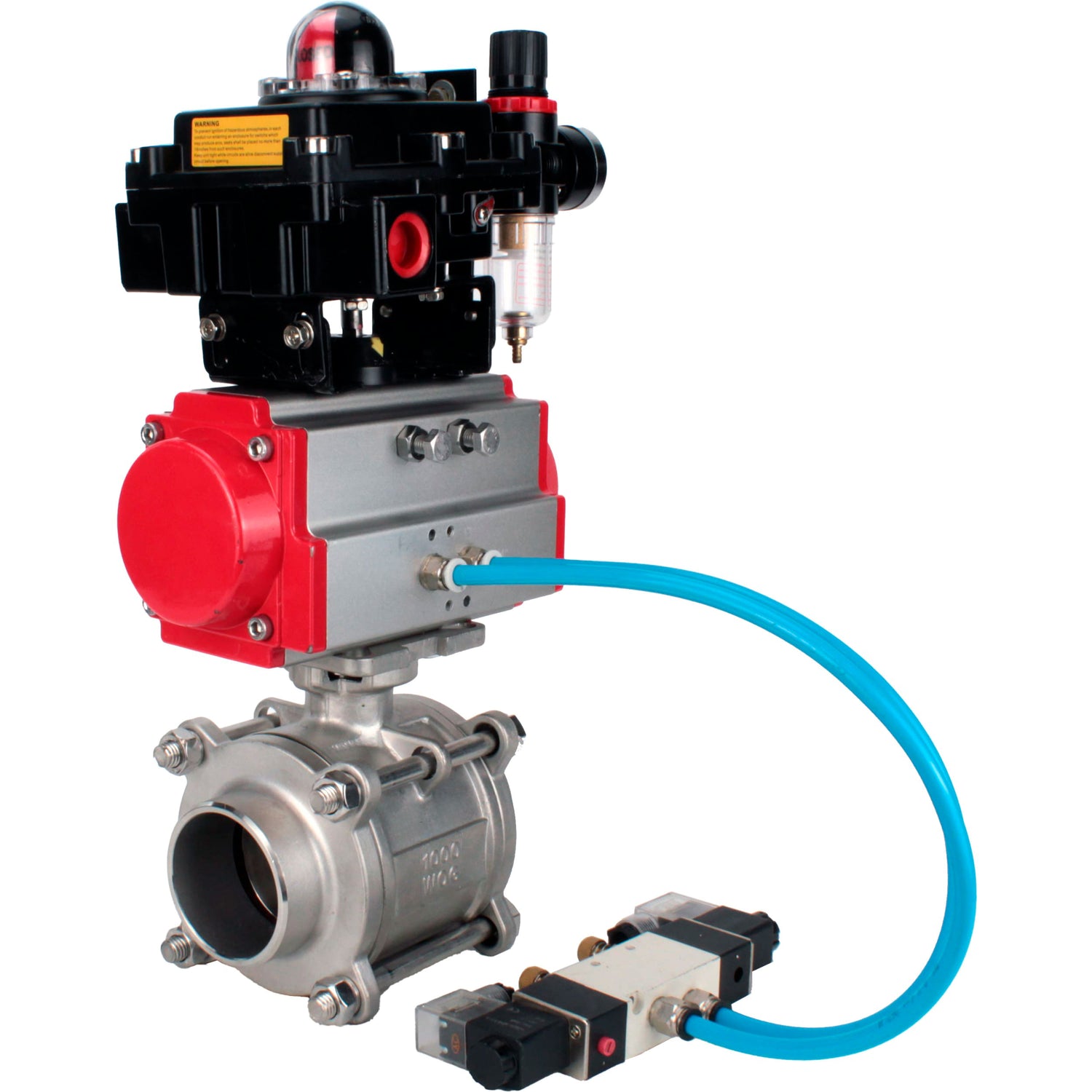 Ball valves Elephant BV3232P(3pc)-FP-W-ISO-H WDVF DN15-32 63 bar full bore, body - 316 stainless steel, seal - PTFE, for welding, with PA-DA pneumatic actuator, pneumatic distributor 4V320-08 220V, LSU APL-410N EX, ATU AFC2000
