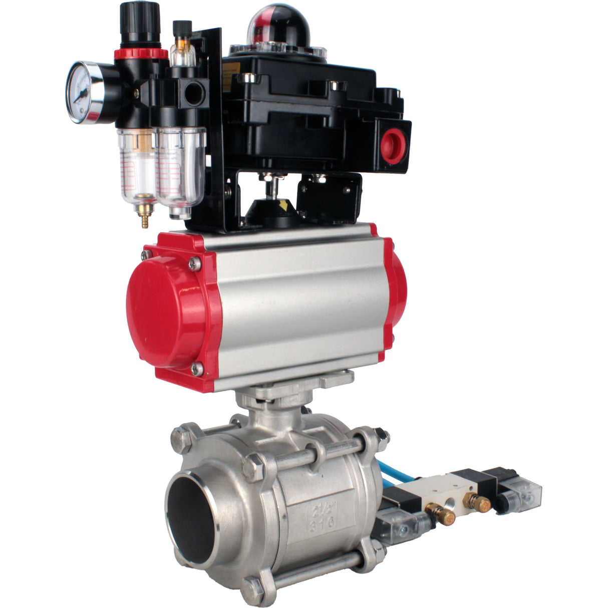 Ball valves Elephant BV3232P(3pc)-FP-W-ISO-H WDVF DN15-32 63 bar full bore, body - 316 stainless steel, seal - PTFE, for welding, with PA-DA pneumatic actuator, pneumatic distributor 4V320-08 220V, LSU APL-410N EX, ATU AFC2000