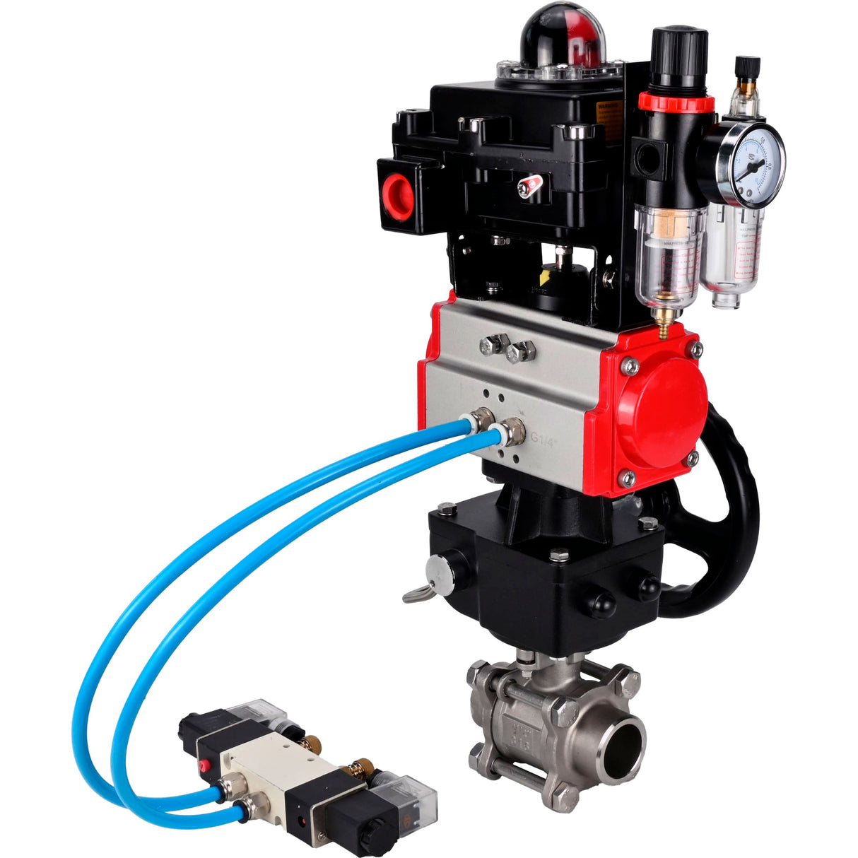 Ball valves Elephant BV3232P(3pc)-FP-W-ISO-H WDVF DN15-32 63 bar full bore, 316 stainless steel, PTFE, for welding, with PA-DA pneumatic actuator, pneumatic distributor 4V320-08 220V, LSU APL-410N EX, manual backup for MON, ATU AFC2000