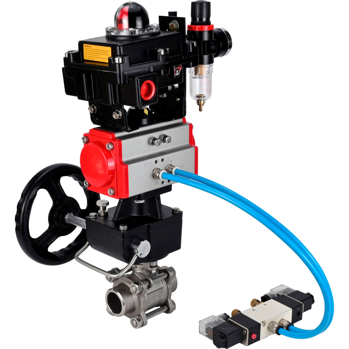 Ball valves Elephant BV3232P(3pc)-FP-W-ISO-H WDVF DN15-32 63 bar full bore, 316 stainless steel, PTFE, for welding, with PA-DA pneumatic actuator, pneumatic distributor 4V320-08 220V, LSU APL-410N EX, manual backup for MON, ATU AFC2000