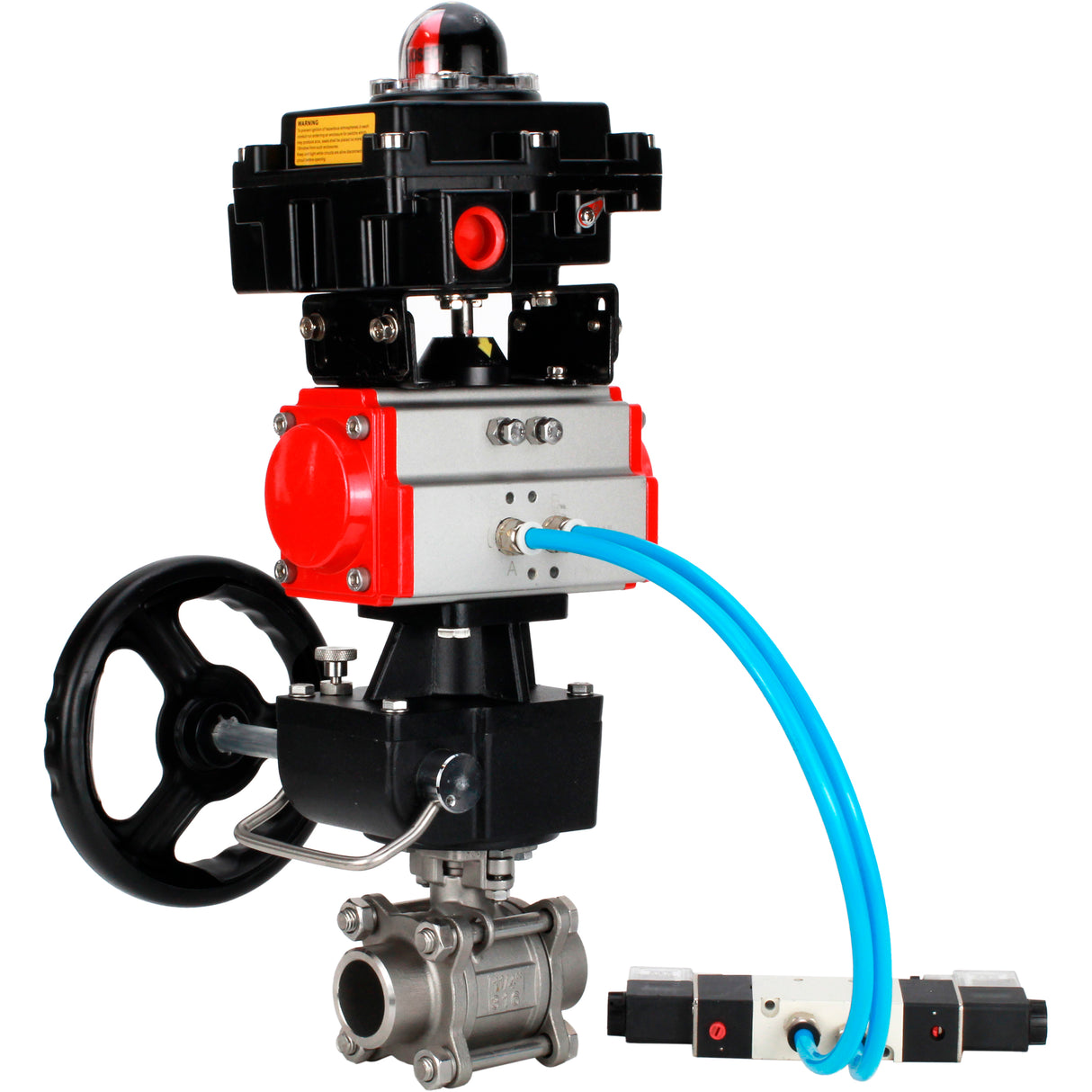 Ball valves Elephant BV3232P(3pc)-FP-W-ISO-H WDVF DN15-32 63 bar full bore, 316 stainless steel, seal - PTFE, for welding, with PA-DA pneumatic actuator, pneumatic distributor 4V320-08 220V, LSU APL-410N EX, manual backup for MON