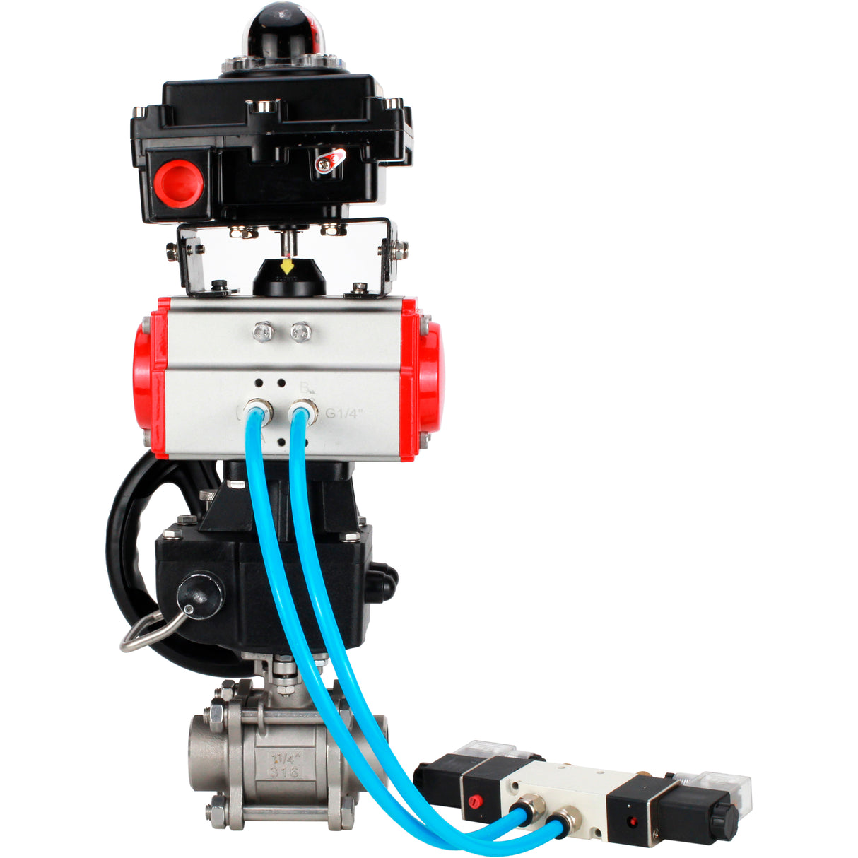 Ball valves Elephant BV3232P(3pc)-FP-W-ISO-H WDVF DN15-32 63 bar full bore, 316 stainless steel, seal - PTFE, for welding, with PA-DA pneumatic actuator, pneumatic distributor 4V320-08 220V, LSU APL-410N EX, manual backup for MON