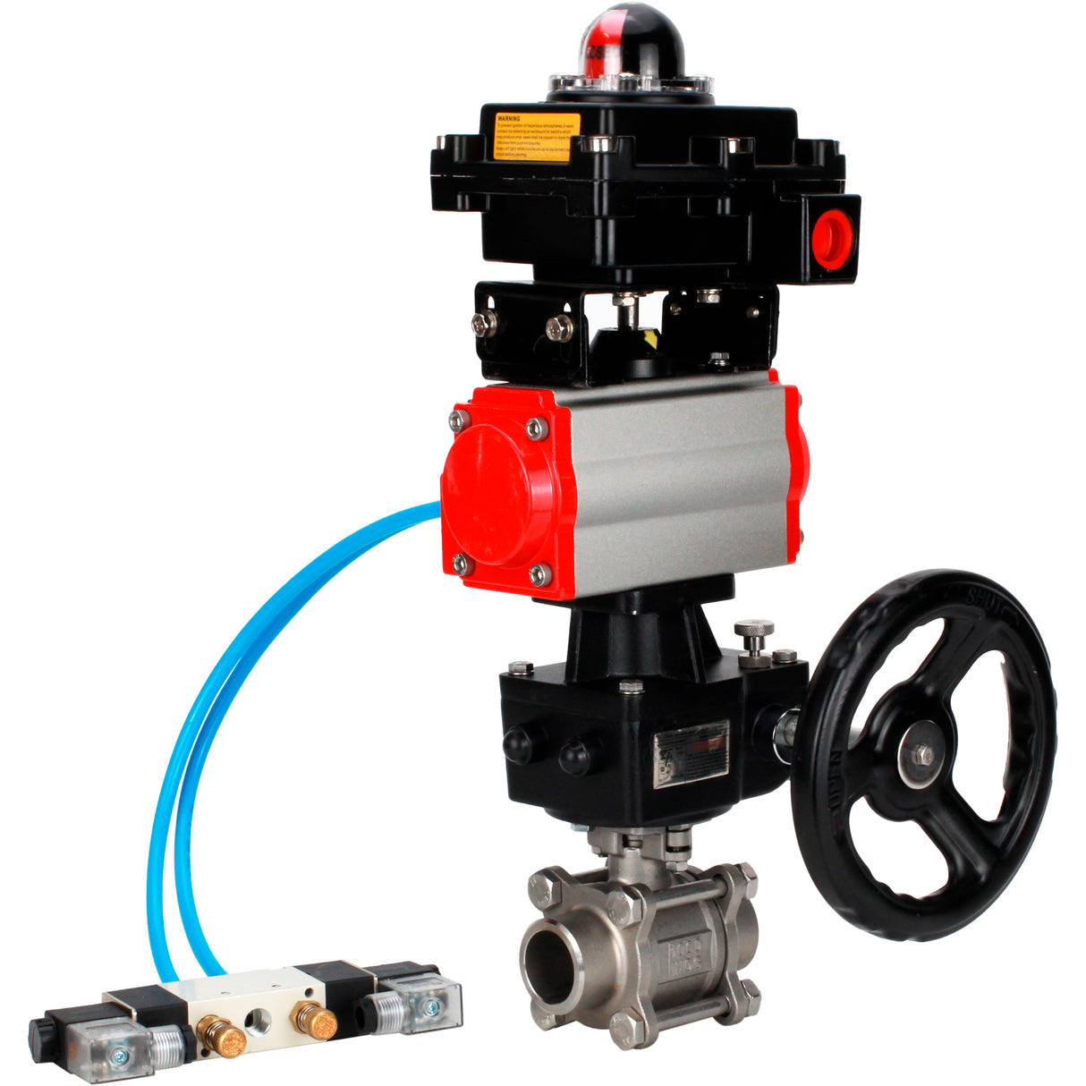 Ball valves Elephant BV3232P(3pc)-FP-W-ISO-H WDVF DN15-32 63 bar full bore, 316 stainless steel, seal - PTFE, for welding, with PA-DA pneumatic actuator, pneumatic distributor 4V320-08 220V, LSU APL-410N EX, manual backup for MON