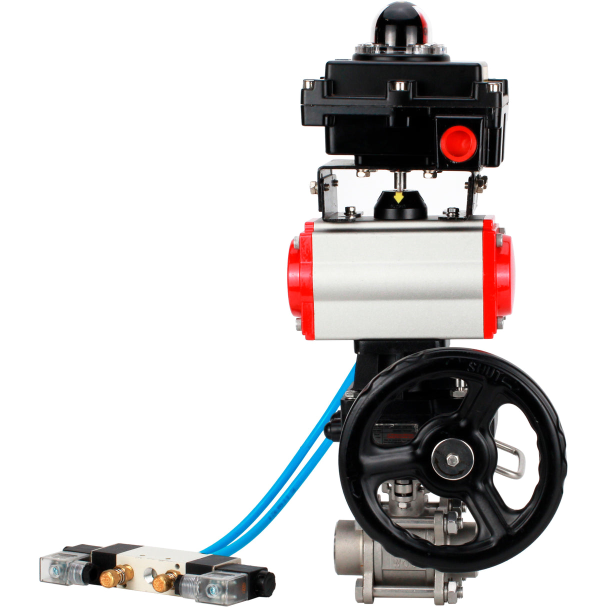 Ball valves Elephant BV3232P(3pc)-FP-W-ISO-H WDVF DN15-32 63 bar full bore, 316 stainless steel, seal - PTFE, for welding, with PA-DA pneumatic actuator, pneumatic distributor 4V320-08 220V, LSU APL-410N EX, manual backup for MON