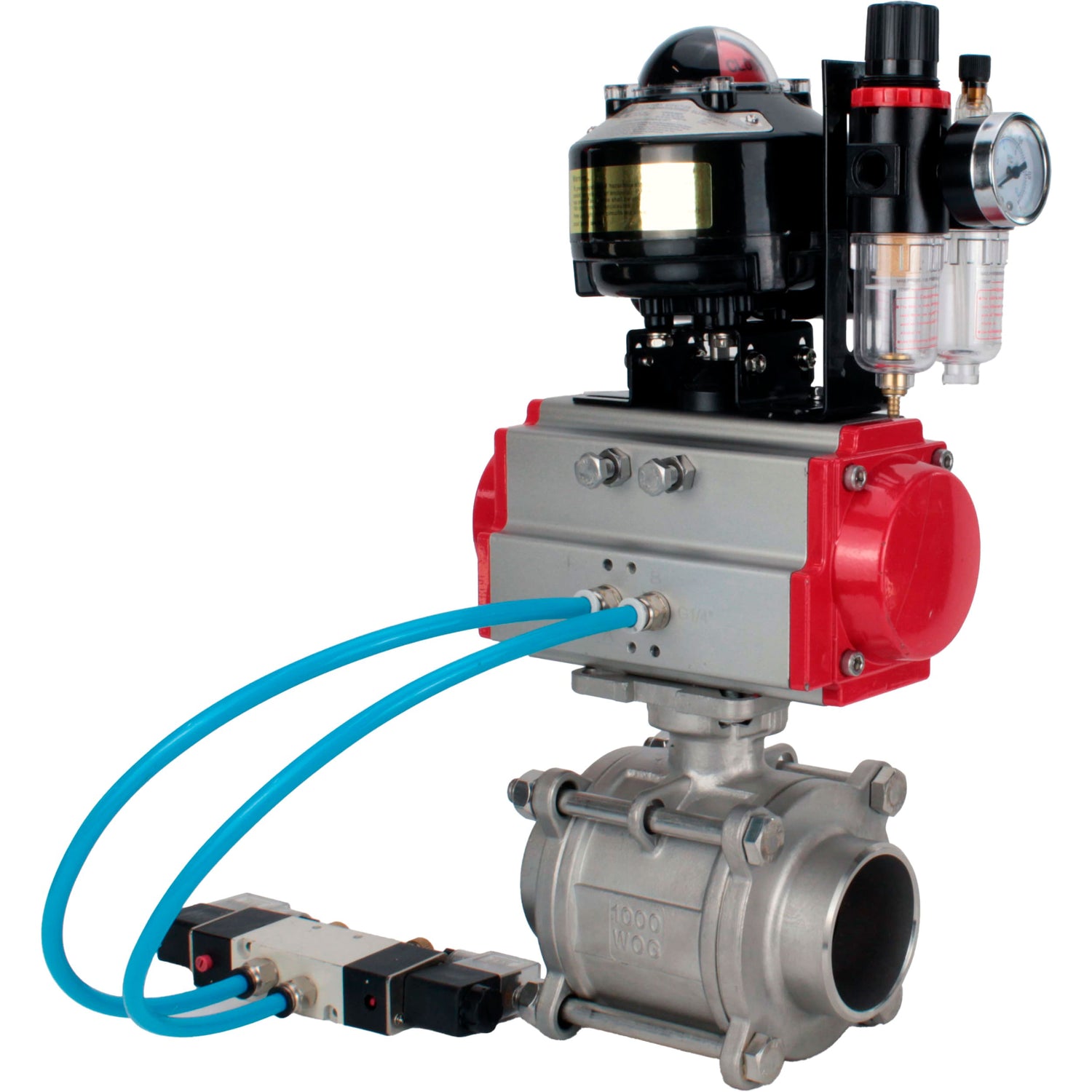 Ball valves Elephant BV3232P(3pc)-FP-W-ISO-H WDVF DN15-32 63 bar full bore, body - 316 stainless steel, seal - PTFE, for welding, with PA-SA pneumatic actuator, pneumatic distributor 4V320-10 220V, LSU APL-510N EX, ATU AFC2000