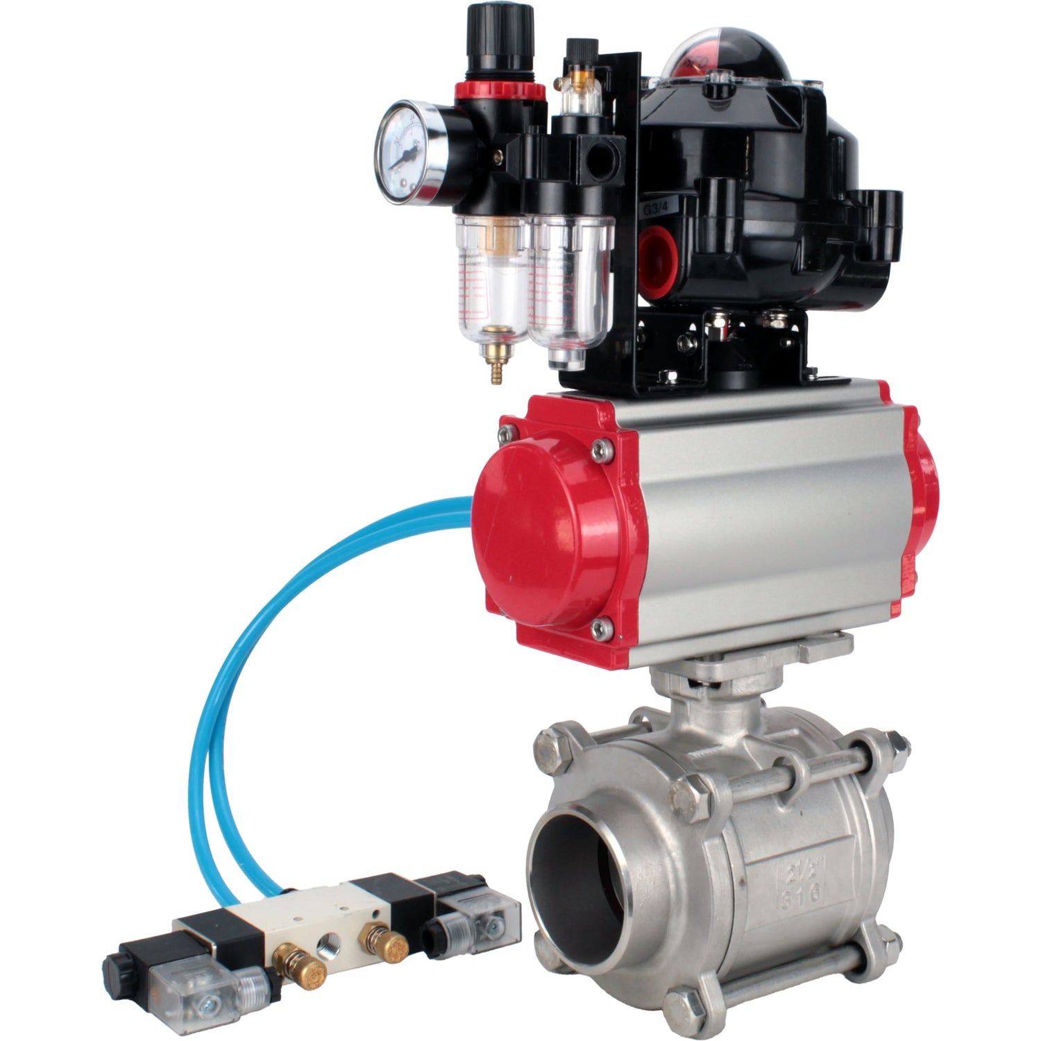 Ball valves Elephant BV3232P(3pc)-FP-W-ISO-H WDVF DN15-32 63 bar full bore, body - 316 stainless steel, seal - PTFE, for welding, with PA-SA pneumatic actuator, pneumatic distributor 4V320-10 220V, LSU APL-510N EX, ATU AFC2000