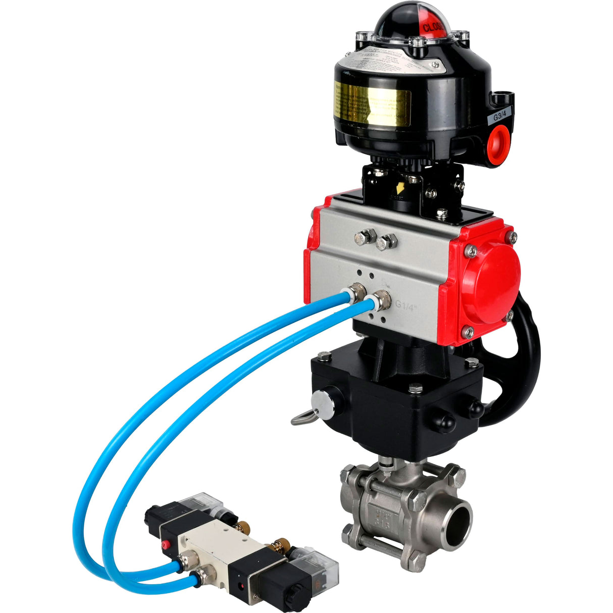 Ball valves Elephant BV3232P(3pc)-FP-W-ISO-H WDVF DN15-32 63 bar full bore, 316 stainless steel, seal - PTFE, for welding, with PA-DA pneumatic actuator, pneumatic distributor 4V320-08 220V, LSU APL-510N EX, manual backup for MON