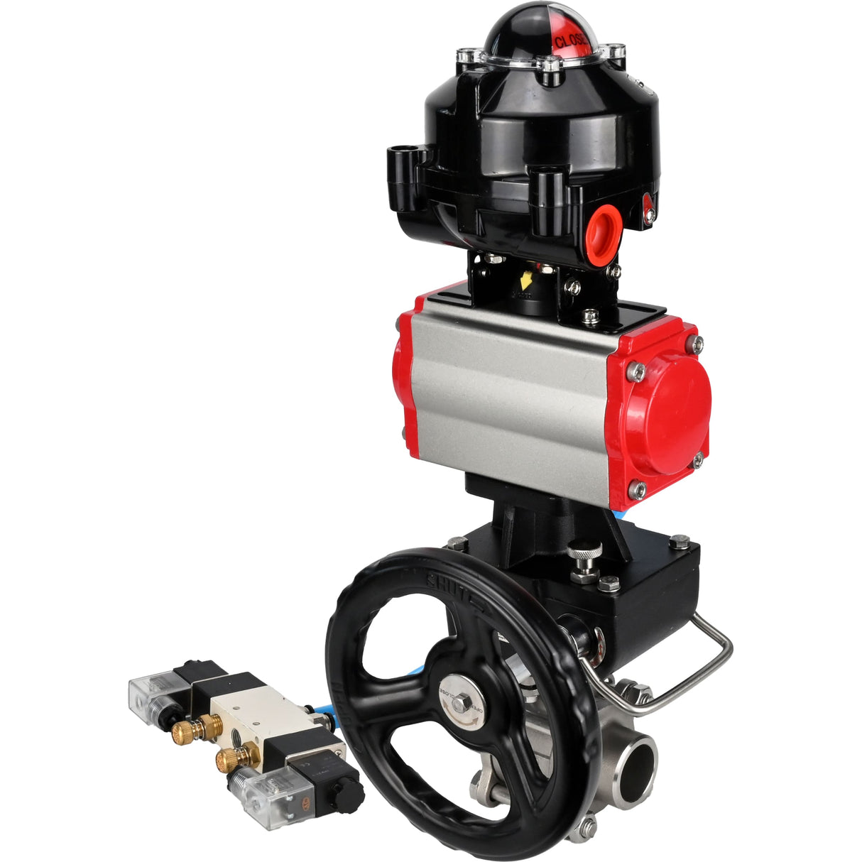 Ball valves Elephant BV3232P(3pc)-FP-W-ISO-H WDVF DN15-32 63 bar full bore, 316 stainless steel, seal - PTFE, for welding, with PA-DA pneumatic actuator, pneumatic distributor 4V320-08 220V, LSU APL-510N EX, manual backup for MON