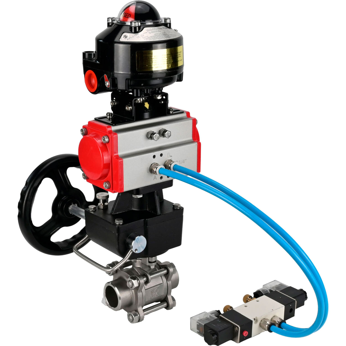 Ball valves Elephant BV3232P(3pc)-FP-W-ISO-H WDVF DN15-32 63 bar full bore, 316 stainless steel, seal - PTFE, for welding, with PA-DA pneumatic actuator, pneumatic distributor 4V320-08 220V, LSU APL-510N EX, manual backup for MON