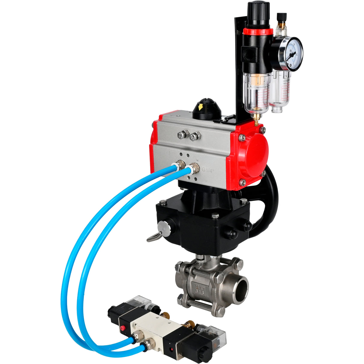 Ball valves Elephant BV3232P(3pc)-FP-W-ISO-H WDVF DN15-32 63 bar full bore, 316 stainless steel, seal - PTFE, for welding, with PA-DA pneumatic actuator, pneumatic distributor 4V320-08 220V, manual backup for MON, ATU AFC2000