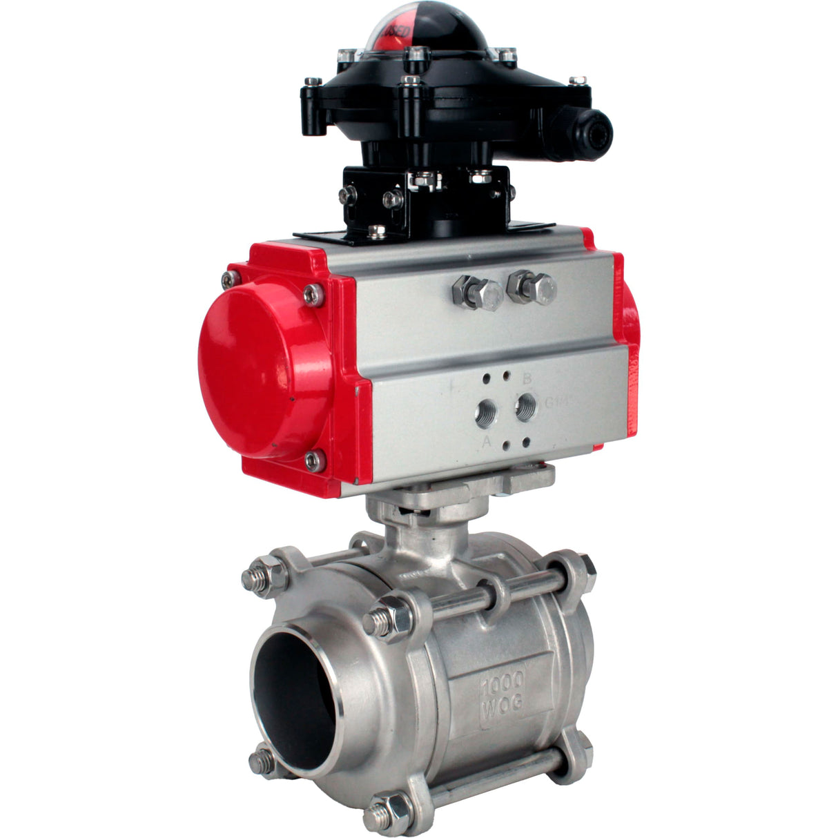 Ball valves Elephant BV3232P(3pc)-FP-W-ISO-H WDVF DN15-32 63 bar full bore, body - 316 stainless steel, seal - PTFE, for welding, with PA-SA pneumatic actuator, LSU APL-210N