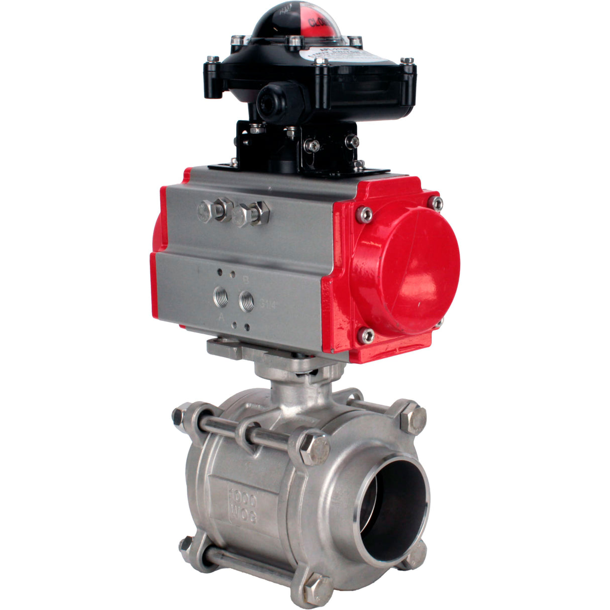 Ball valves Elephant BV3232P(3pc)-FP-W-ISO-H WDVF DN15-32 63 bar full bore, body - 316 stainless steel, seal - PTFE, for welding, with PA-SA pneumatic actuator, LSU APL-210N