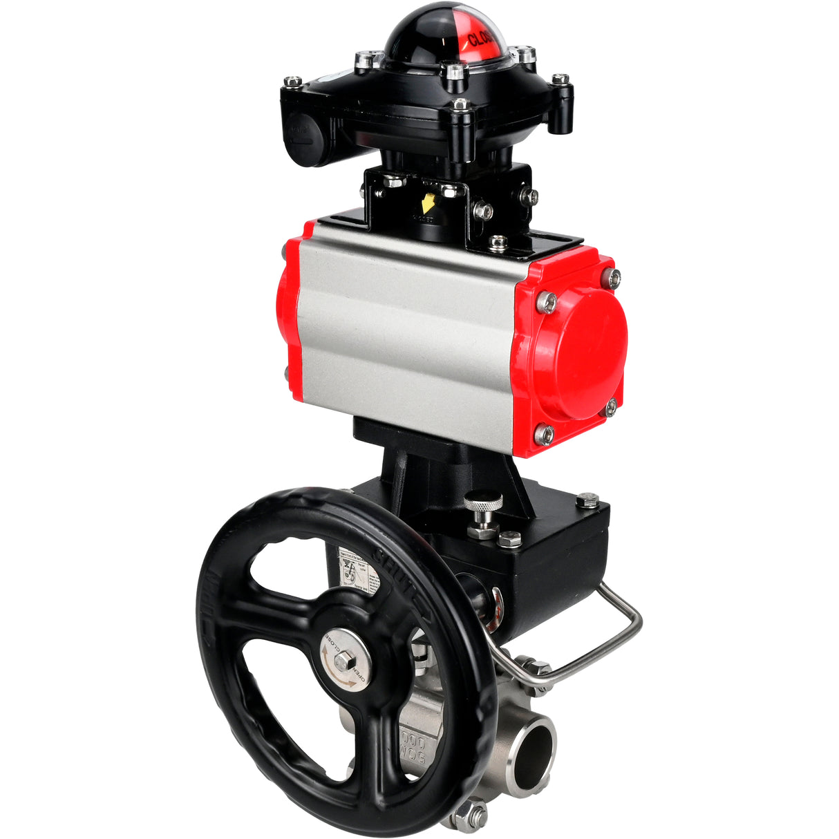 Ball valves Elephant BV3232P(3pc)-FP-W-ISO-H WDVF DN15-32 63 bar full bore, body - 316 stainless steel, seal - PTFE, for welding, with PA-DA pneumatic actuator, LSU APL-210N, manual backup for MON