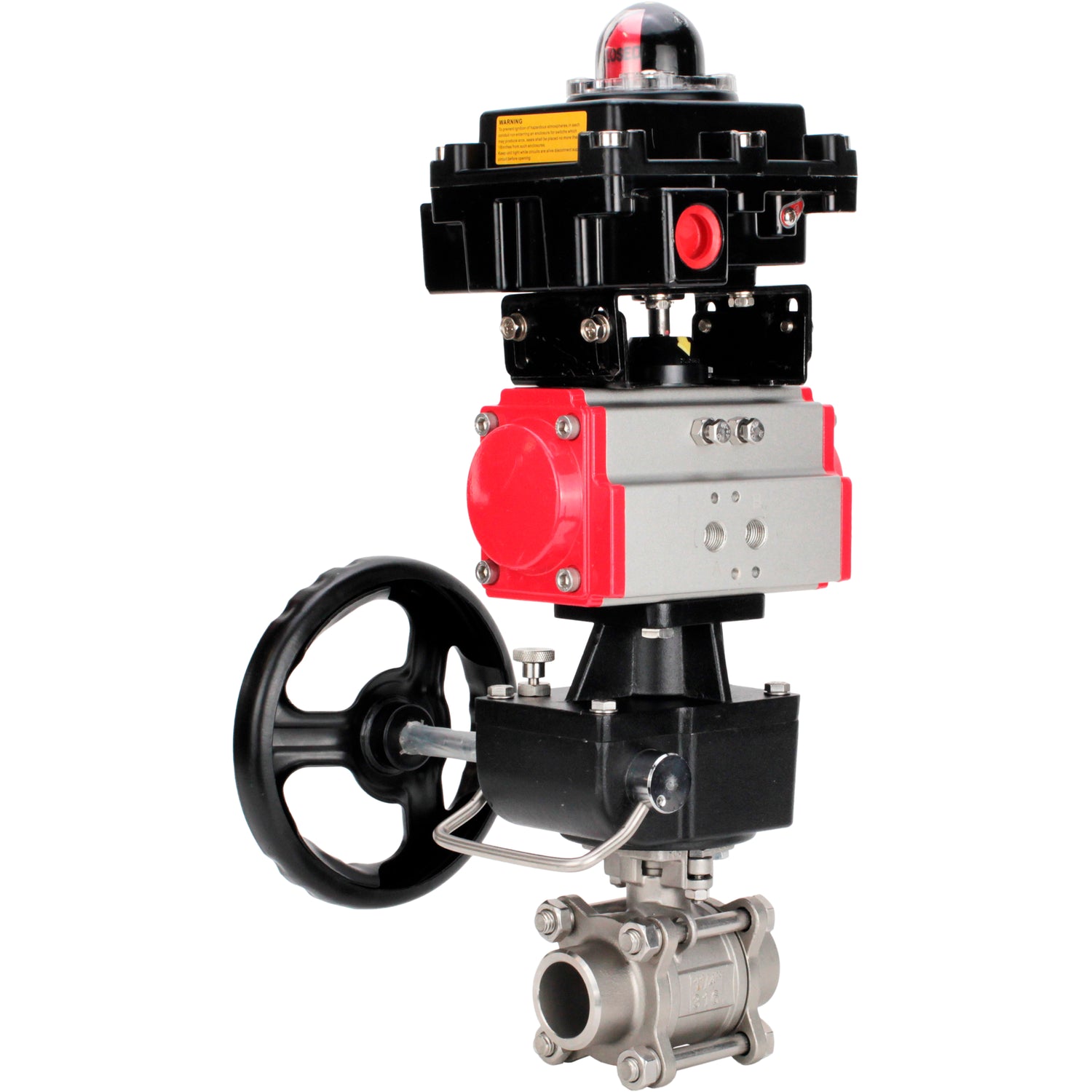 Ball valves Elephant BV3232P(3pc)-FP-W-ISO-H WDVF DN15-32 63 bar full bore, body - 316 stainless steel, seal - PTFE, for welding, with PA-DA pneumatic actuator, LSU APL-410N EX, manual backup for MON