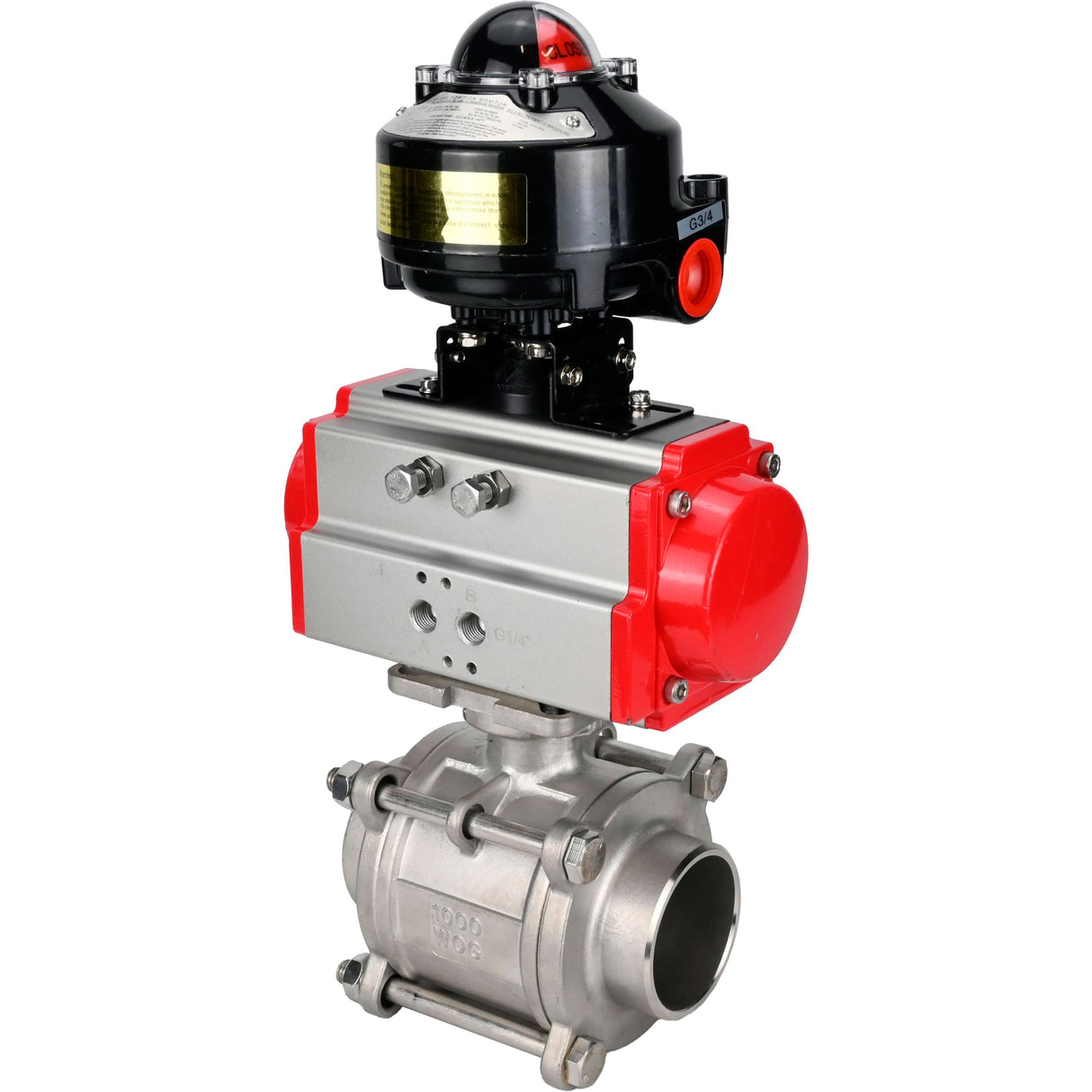 Ball valves Elephant BV3232P(3pc)-FP-W-ISO-H WDVF DN15-32 63 bar full bore, body - 316 stainless steel, seal - PTFE, for welding, with PA-DA pneumatic actuator, LSU APL-510N EX