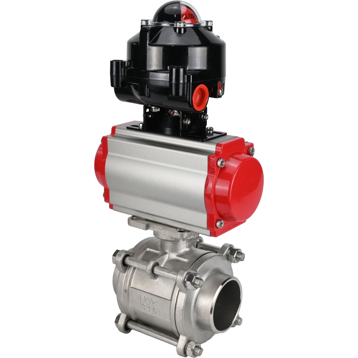 Ball valves Elephant BV3232P(3pc)-FP-W-ISO-H WDVF DN15-32 63 bar full bore, body - 316 stainless steel, seal - PTFE, for welding, with PA-DA pneumatic actuator, LSU APL-510N EX