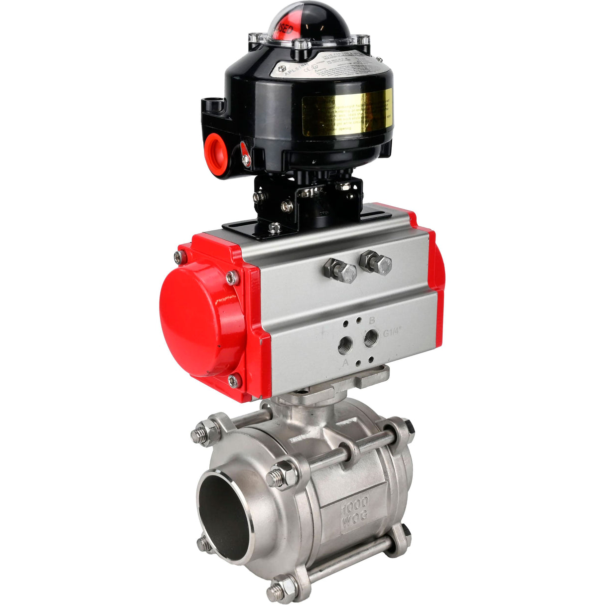 Ball valves Elephant BV3232P(3pc)-FP-W-ISO-H WDVF DN15-32 63 bar full bore, body - 316 stainless steel, seal - PTFE, for welding, with PA-DA pneumatic actuator, LSU APL-510N EX