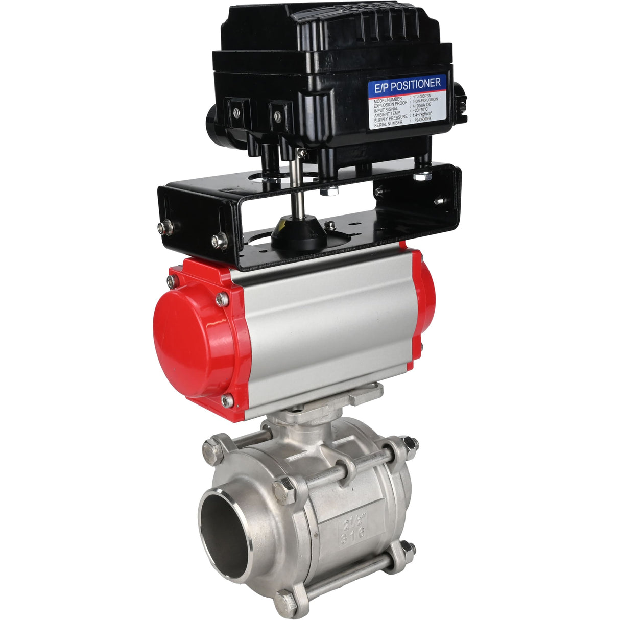 Ball valves Elephant BV3232P(3pc)-FP-W-ISO-H WDVF DN15-32 63 bar full bore, body - 316 stainless steel, seal - PTFE, for welding, with PA-SA pneumatic actuator, YT-1000RSN electro-pneumatic rotary positioner without feedback