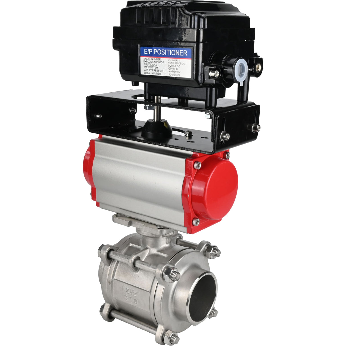 Ball valves Elephant BV3232P(3pc)-FP-W-ISO-H WDVF DN15-32 63 bar full bore, body - 316 stainless steel, seal - PTFE, for welding, with PA-SA pneumatic actuator, YT-1000RSN electro-pneumatic rotary positioner without feedback