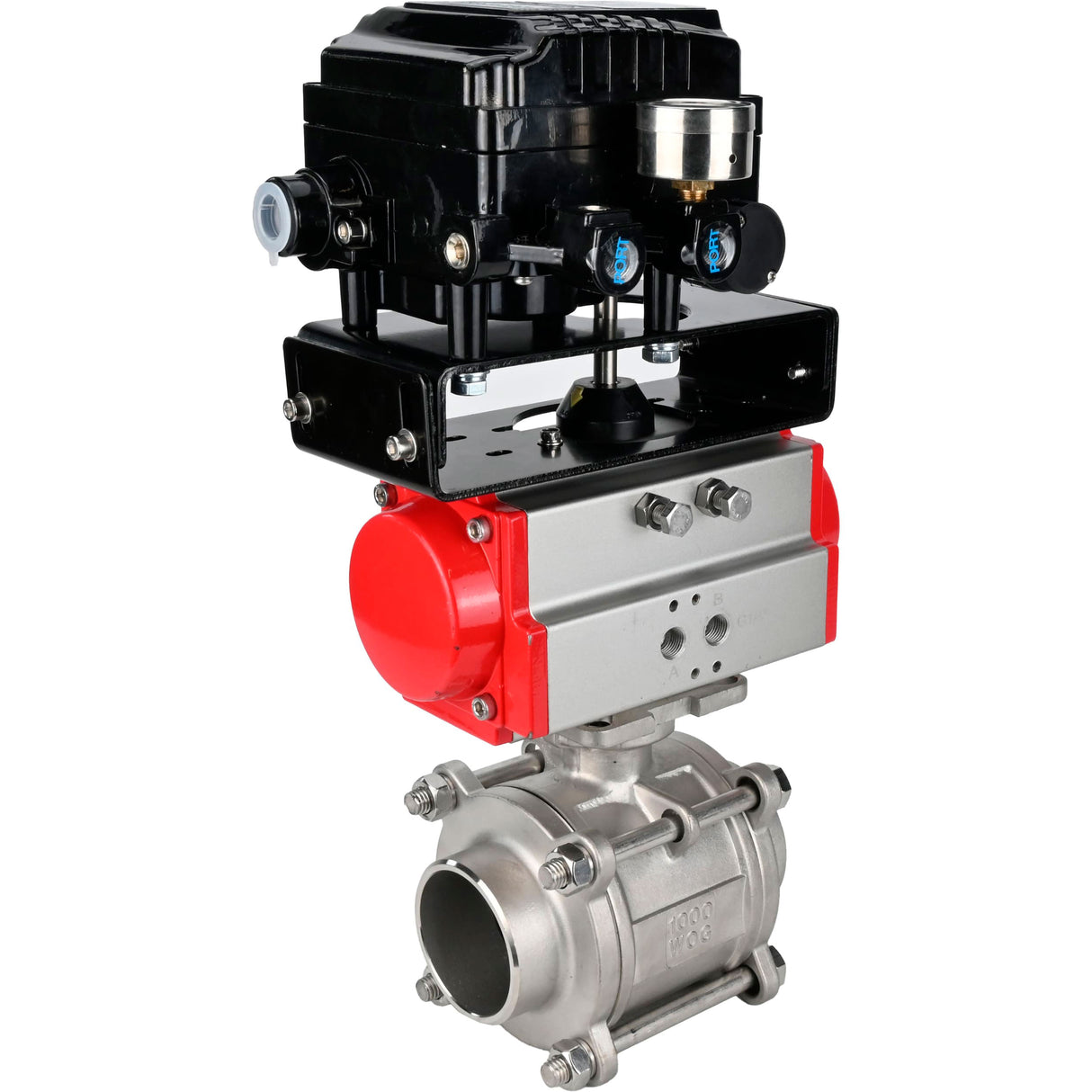 Ball valves Elephant BV3232P(3pc)-FP-W-ISO-H WDVF DN15-32 63 bar full bore, body - 316 stainless steel, seal - PTFE, for welding, with PA-SA pneumatic actuator, YT-1000RSN electro-pneumatic rotary positioner without feedback