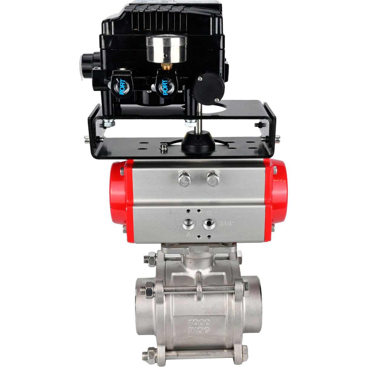 Ball valves Elephant BV3232P(3pc)-FP-W-ISO-H WDVF DN15-32 63 bar full bore, body - 316 stainless steel, seal - PTFE, for welding, with PA-SA pneumatic actuator, YT-1000RSN electro-pneumatic rotary positioner without feedback