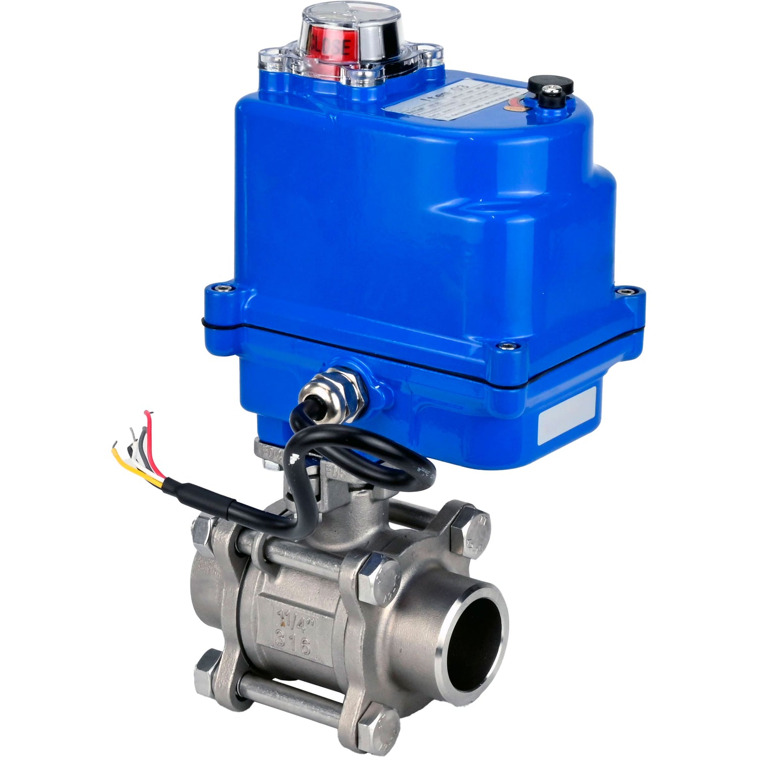 Ball valves Elephant BV3232P(3pc)-FP-W-ISO-H WDVF DN15-32 63 bar full bore, body - 316 stainless steel, seal - PTFE, for welding, with a 1/4-turn electric drive Elephant QT-N-EM-O1-220VAC-U1 blue