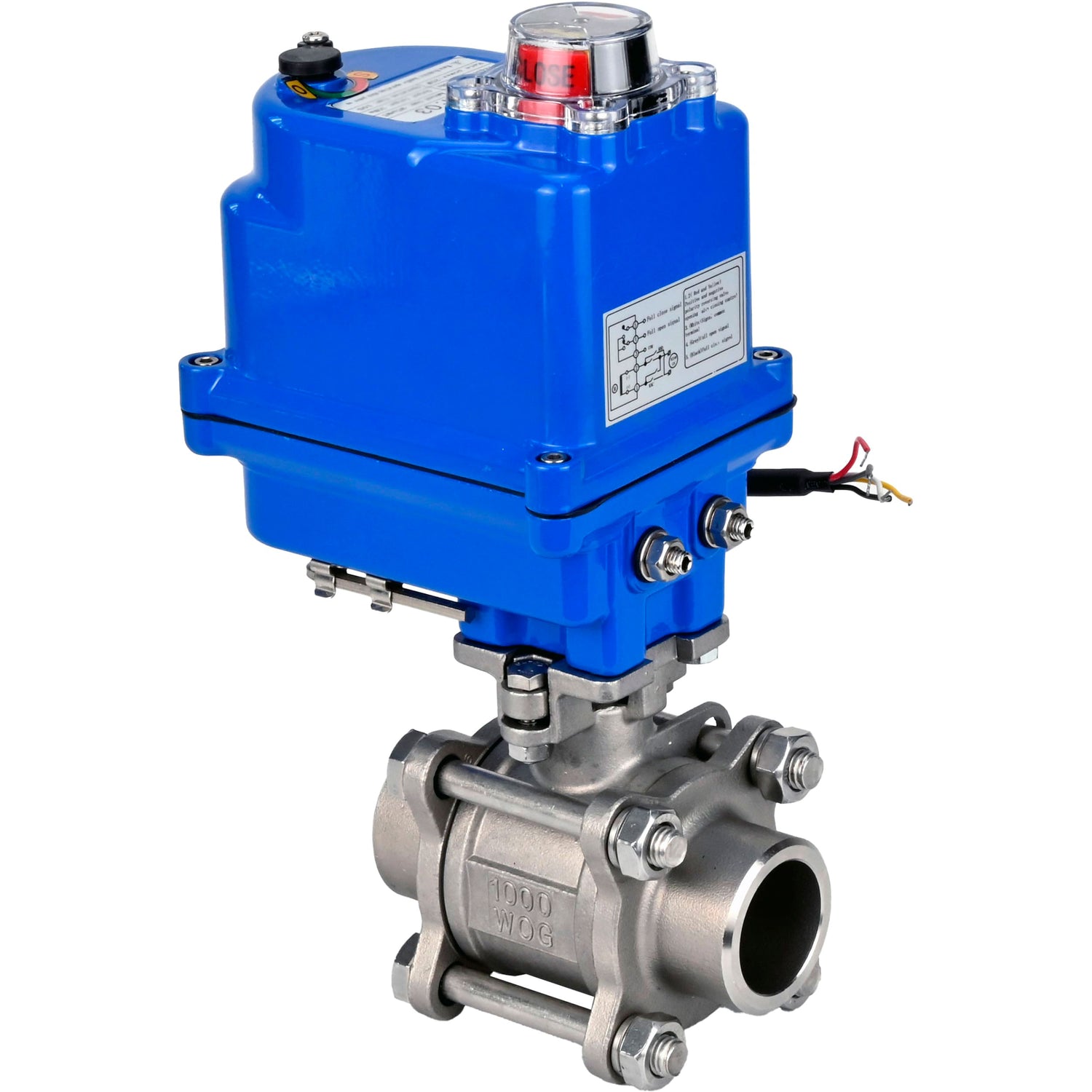Ball valves Elephant BV3232P(3pc)-FP-W-ISO-H WDVF DN15-32 63 bar full bore, body - 316 stainless steel, seal - PTFE, for welding, with a 1/4-turn electric drive Elephant QT-N-EM-O1-220VAC-U1 blue