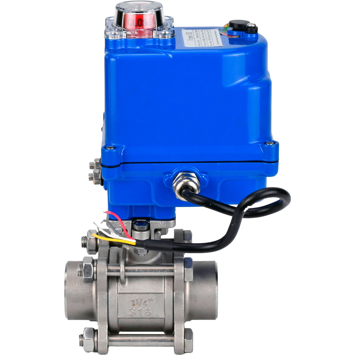 Ball valves Elephant BV3232P(3pc)-FP-W-ISO-H WDVF DN15-32 63 bar full bore, body - 316 stainless steel, seal - PTFE, for welding, with a 1/4-turn electric drive Elephant QT-N-EM-O1-220VAC-U1 blue