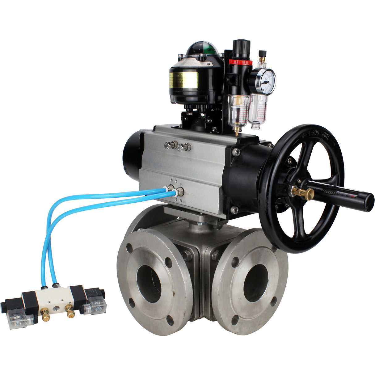 Ball valves Elephant BV3232P(4pc)-FP-3WL-F-ISO-H DN100 16 bar full bore, flanged, body - stainless steel SS316, ISO flange F10/F12, square 19x19, with pneumatic actuator PA-DA-105-1, pneumatic distributor 4V320-8 220V, LSU APL-510N EX and ATU AFC2000