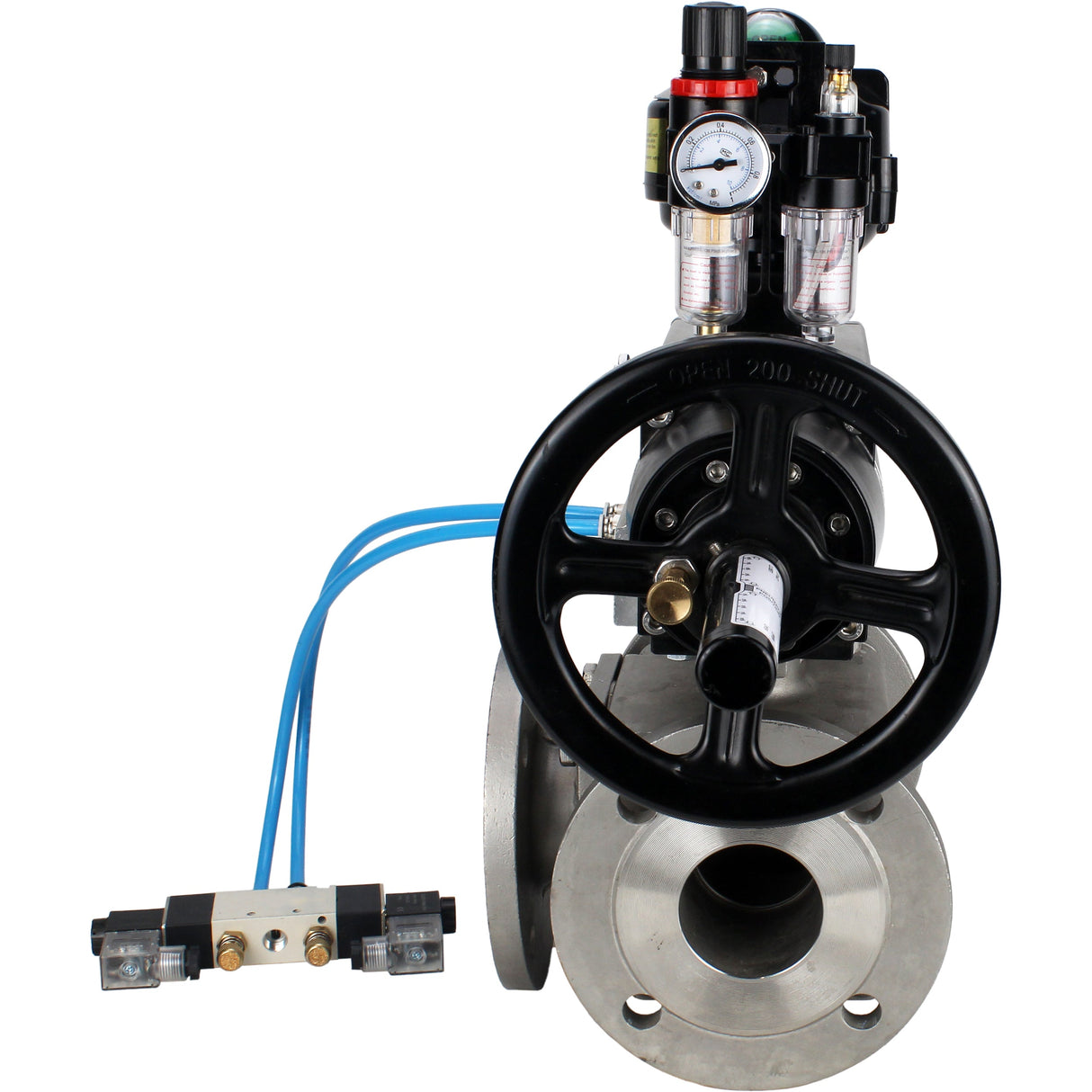 Ball valves Elephant BV3232P(4pc)-FP-3WL-F-ISO-H DN100 16 bar full bore, flanged, body - stainless steel SS316, ISO flange F10/F12, square 19x19, with pneumatic actuator PA-DA-105-1, pneumatic distributor 4V320-8 220V, LSU APL-510N EX and ATU AFC2000