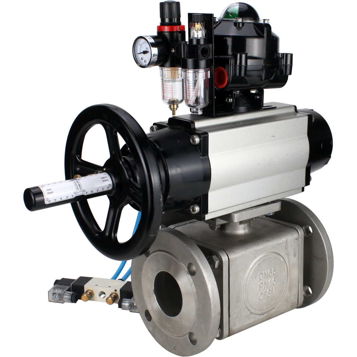 Ball valves Elephant BV3232P(4pc)-FP-3WL-F-ISO-H DN100 16 bar full bore, flanged, body - stainless steel SS316, ISO flange F10/F12, square 19x19, with pneumatic actuator PA-DA-105-1, pneumatic distributor 4V320-8 220V, LSU APL-510N EX and ATU AFC2000