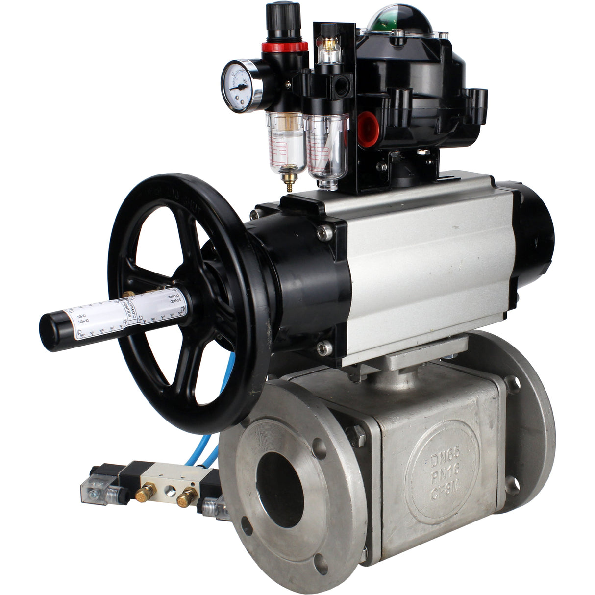 Ball valves Elephant BV3232P(4pc)-FP-3WL-F-ISO-H DN100 16 bar full bore, flanged, body - stainless steel SS316, ISO flange F10/F12, square 19x19, with pneumatic actuator PA-DA-105-1, pneumatic distributor 4V320-8 220V, LSU APL-510N EX and ATU AFC2000