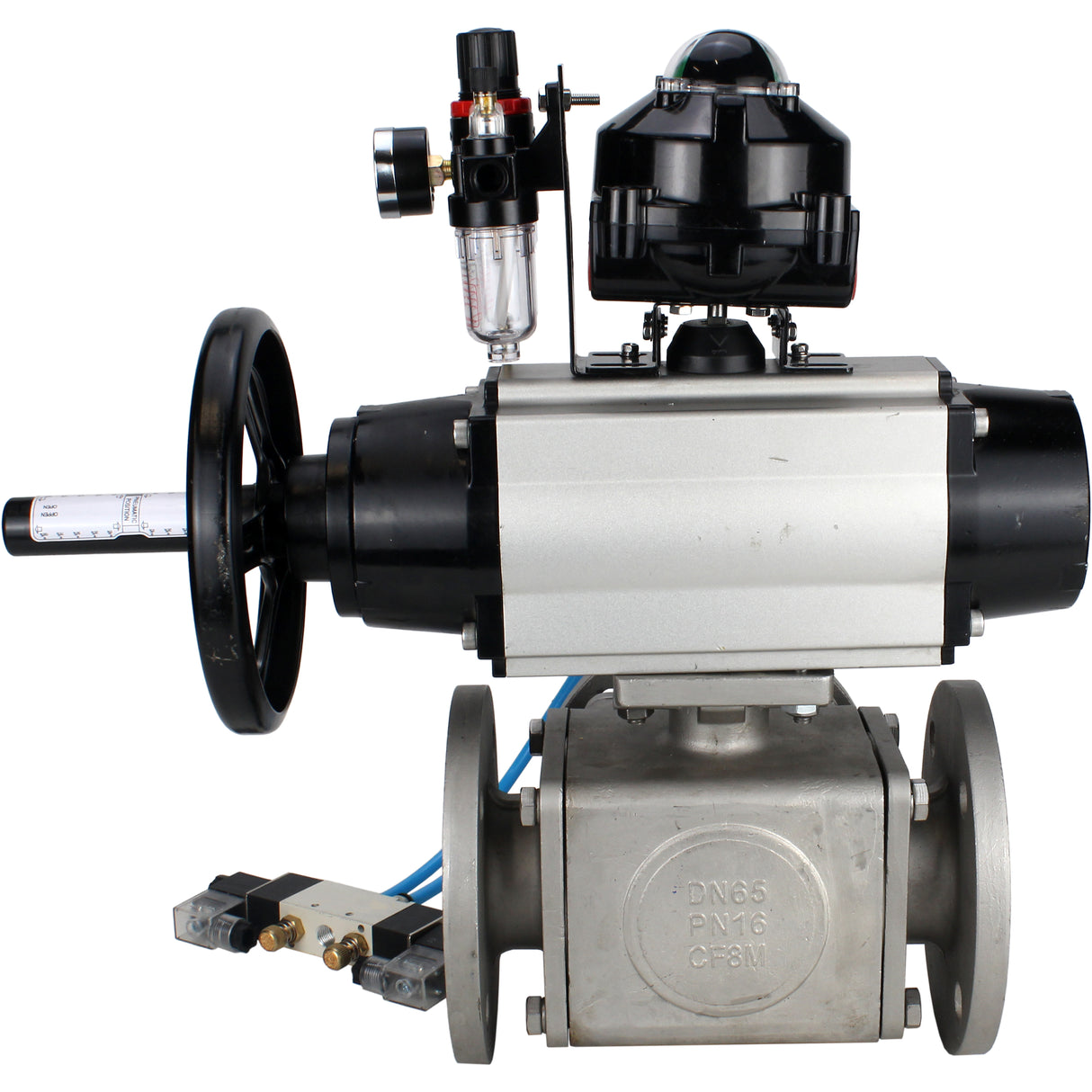 Ball valves Elephant BV3232P(4pc)-FP-3WL-F-ISO-H DN100 16 bar full bore, flanged, body - stainless steel SS316, ISO flange F10/F12, square 19x19, with pneumatic actuator PA-DA-105-1, pneumatic distributor 4V320-8 220V, LSU APL-510N EX and ATU AFC2000