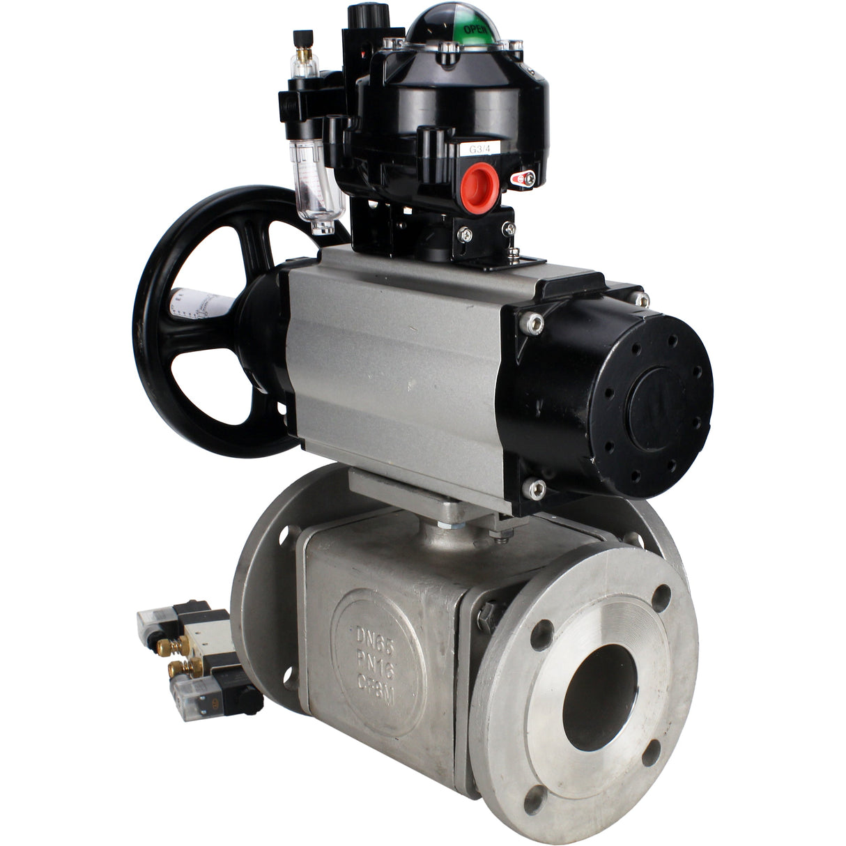 Ball valves Elephant BV3232P(4pc)-FP-3WL-F-ISO-H DN100 16 bar full bore, flanged, body - stainless steel SS316, ISO flange F10/F12, square 19x19, with pneumatic actuator PA-DA-105-1, pneumatic distributor 4V320-8 220V, LSU APL-510N EX and ATU AFC2000