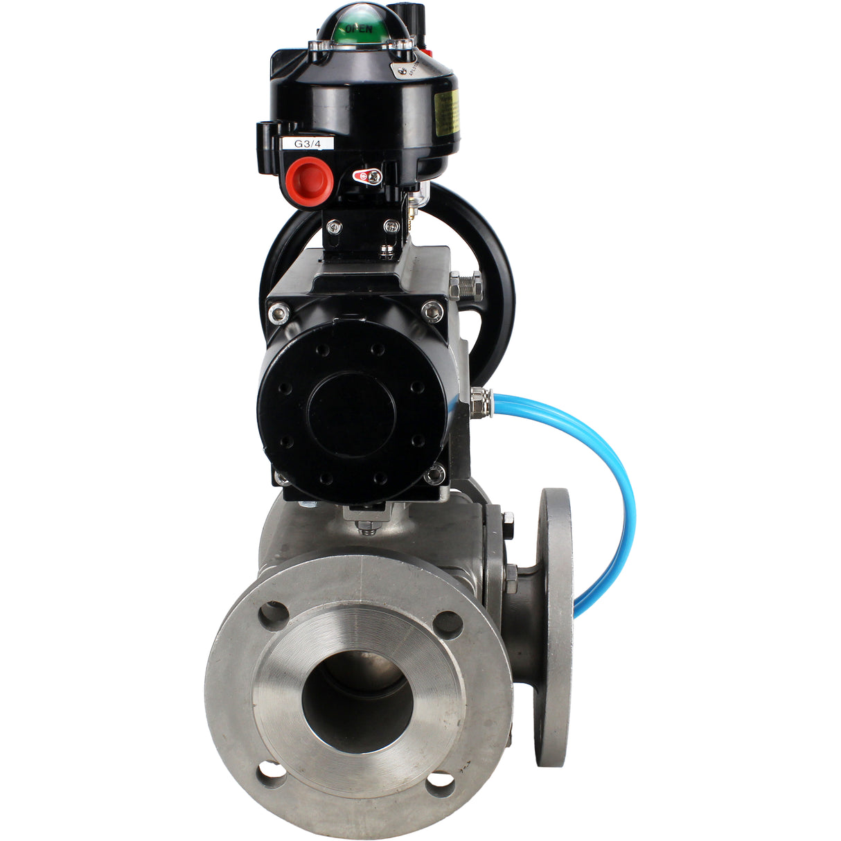 Ball valves Elephant BV3232P(4pc)-FP-3WL-F-ISO-H DN100 16 bar full bore, flanged, body - stainless steel SS316, ISO flange F10/F12, square 19x19, with pneumatic actuator PA-DA-105-1, pneumatic distributor 4V320-8 220V, LSU APL-510N EX and ATU AFC2000