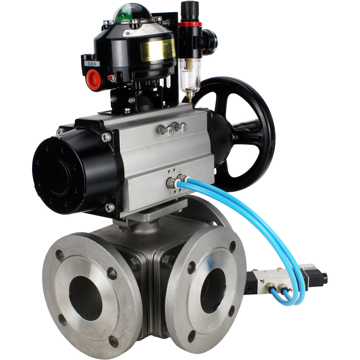 Ball valves Elephant BV3232P(4pc)-FP-3WL-F-ISO-H DN100 16 bar full bore, flanged, body - stainless steel SS316, ISO flange F10/F12, square 19x19, with pneumatic actuator PA-DA-105-1, pneumatic distributor 4V320-8 220V, LSU APL-510N EX and ATU AFC2000