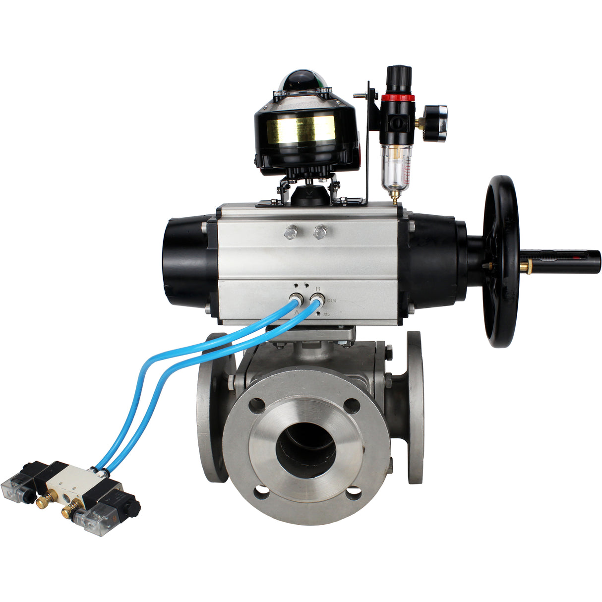 Ball valves Elephant BV3232P(4pc)-FP-3WL-F-ISO-H DN100 16 bar full bore, flanged, body - stainless steel SS316, ISO flange F10/F12, square 19x19, with pneumatic actuator PA-DA-105-1, pneumatic distributor 4V320-8 220V, LSU APL-510N EX and ATU AFC2000