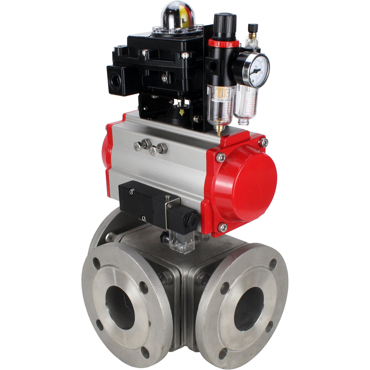 Ball valves Elephant BV3232P(4pc)-FP-3WL-F-ISO-H 16 bar full bore, flanged, body - stainless steel SS316, ISO flange F03/F04-F10/F12, square 9x9-19x19, with pneumatic drive PA-SA, pneumatic valve 4M310-08 NAMUR 220V, LSU APL-410N EX and ATU AF