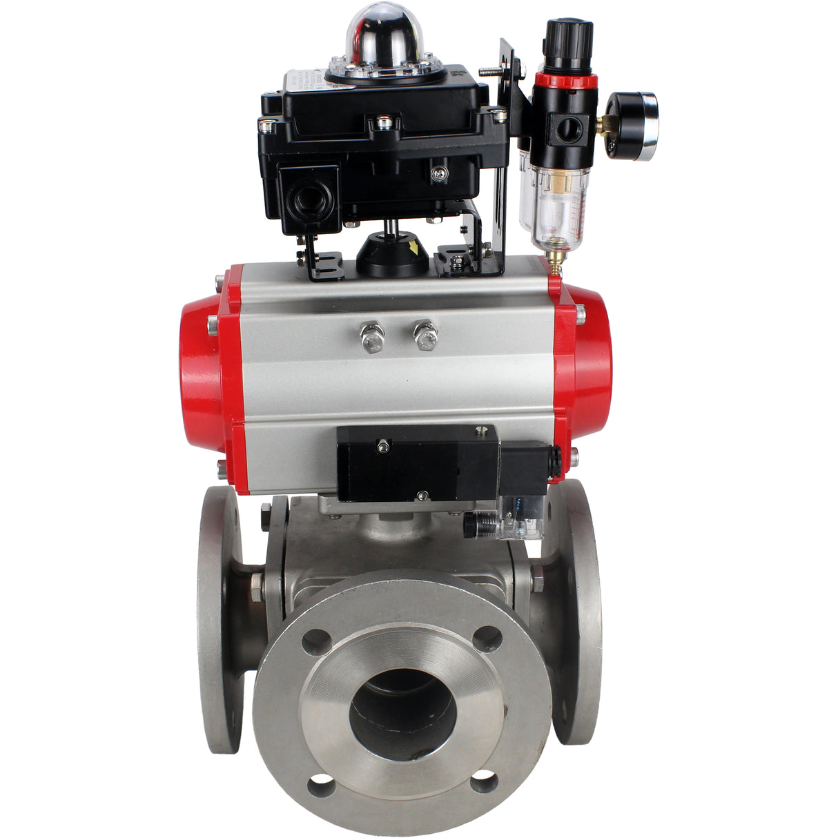Ball valves Elephant BV3232P(4pc)-FP-3WL-F-ISO-H 16 bar full bore, flanged, body - stainless steel SS316, ISO flange F03/F04-F10/F12, square 9x9-19x19, with pneumatic drive PA-DA, pneumatic distributor 4M310-08 NAMUR 24V, LSU APL-410N EX and ATU AFC