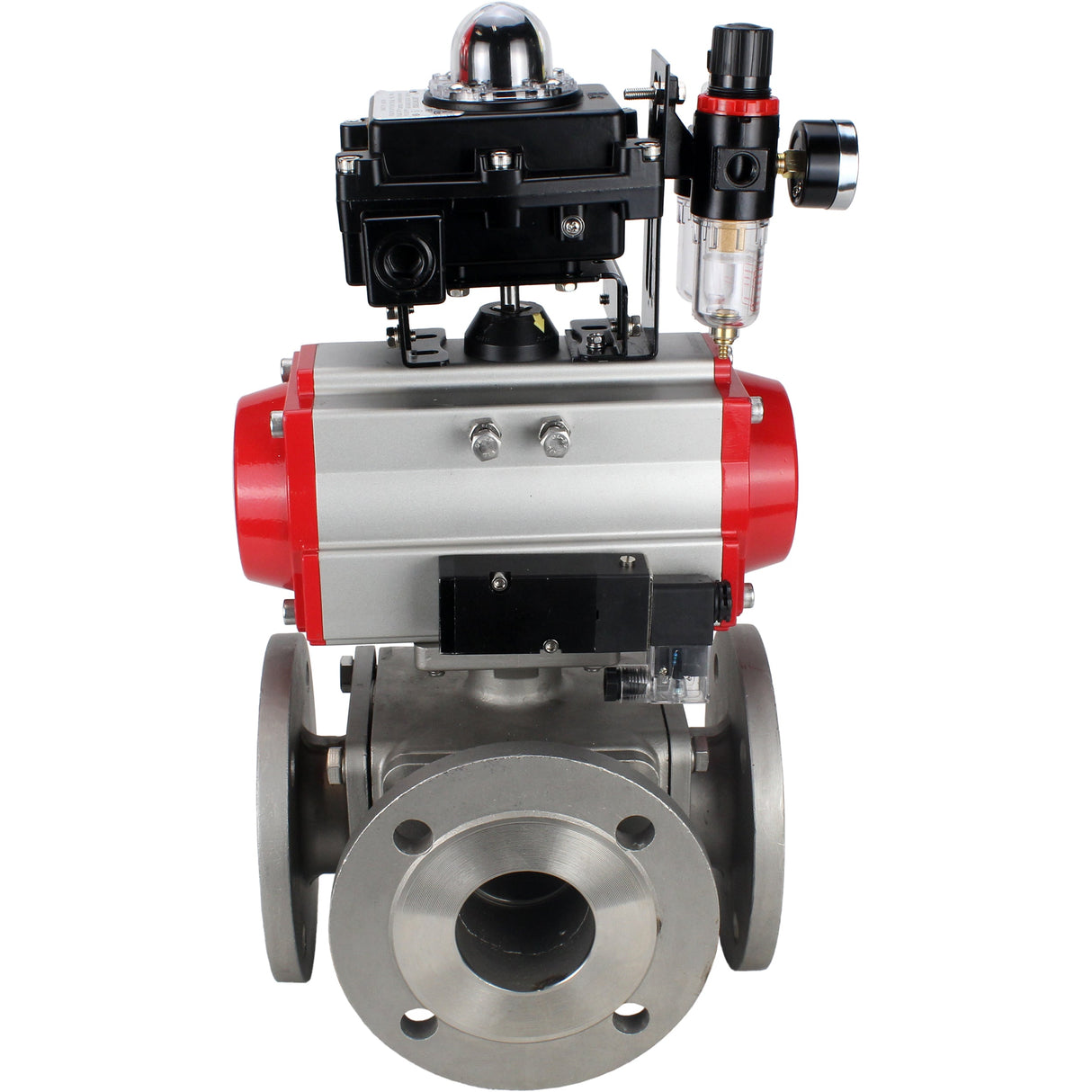 Ball valves Elephant BV3232P(4pc)-FP-3WL-F-ISO-H 16 bar full bore, flanged, body - stainless steel SS316, ISO flange F03/F04-F10/F12, square 9x9-19x19, with pneumatic drive PA-SA, pneumatic valve 4M310-08 NAMUR 24V, LSU APL-410N EX and ATU AFC