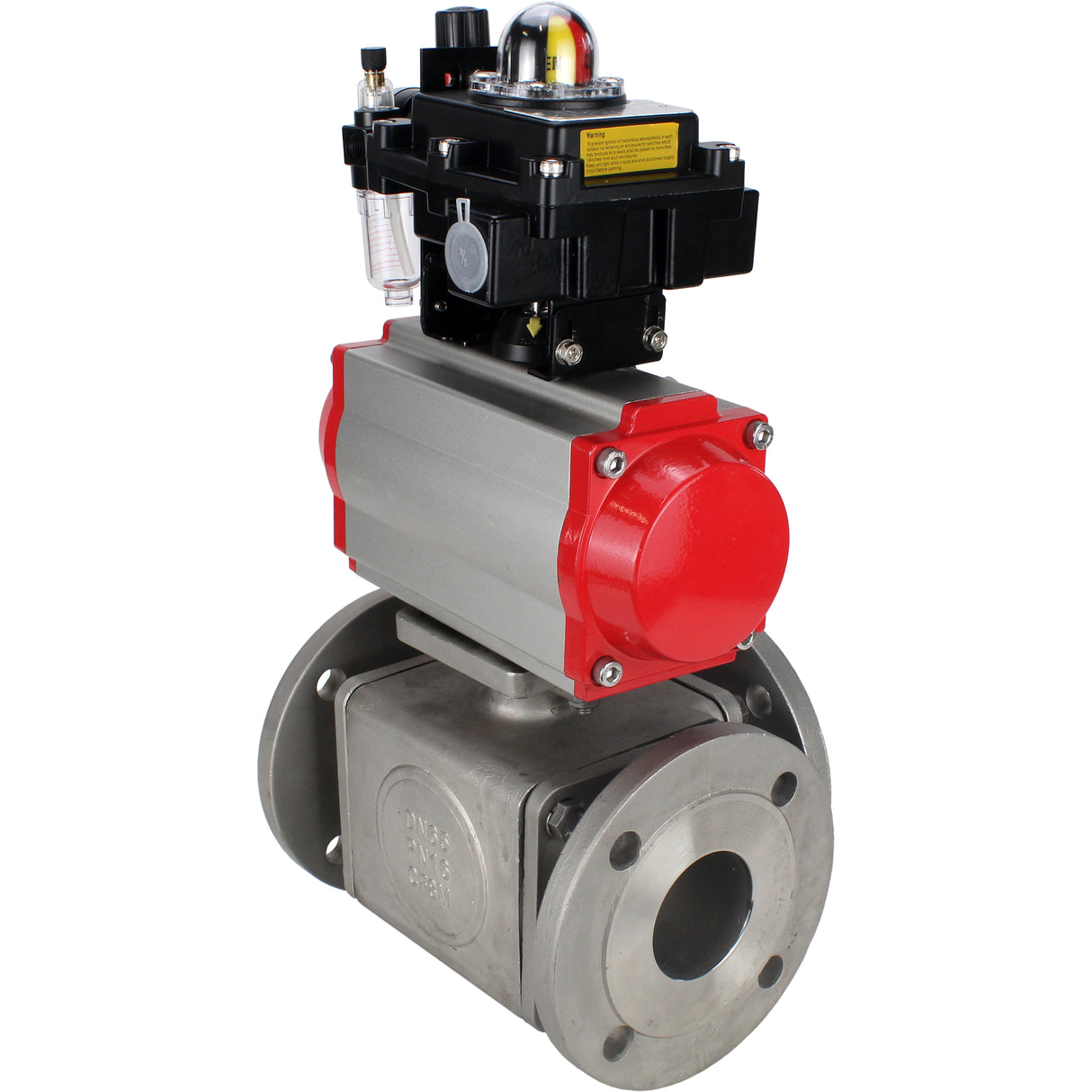 Ball valves Elephant BV3232P(4pc)-FP-3WL-F-ISO-H 16 bar full bore, flanged, body - stainless steel SS316, ISO flange F03/F04-F10/F12, square 9x9-19x19, with pneumatic drive PA-DA, pneumatic distributor 4M310-08 NAMUR 24V, LSU APL-410N EX and ATU AFC