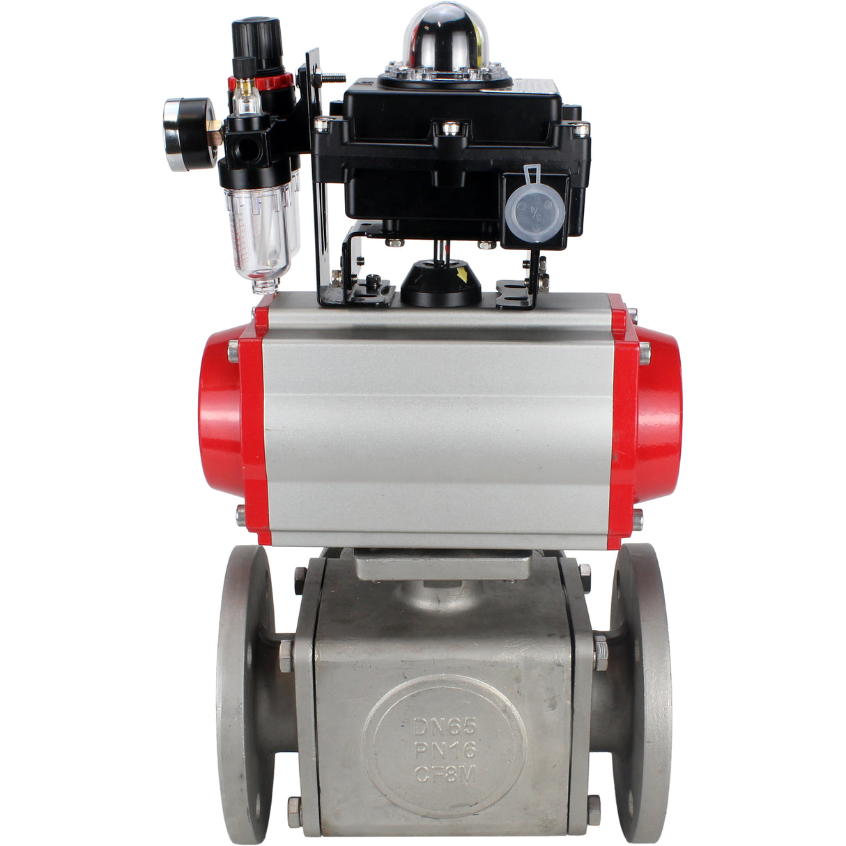 Ball valves Elephant BV3232P(4pc)-FP-3WL-F-ISO-H 16 bar full bore, flanged, body - stainless steel SS316, ISO flange F03/F04-F10/F12, square 9x9-19x19, with pneumatic drive PA-DA, pneumatic distributor 4M310-08 NAMUR 24V, LSU APL-410N EX and ATU AFC