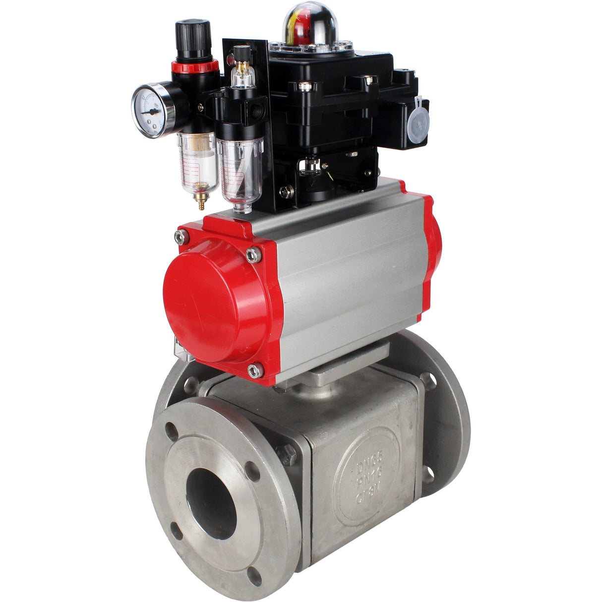 Ball valves Elephant BV3232P(4pc)-FP-3WL-F-ISO-H 16 bar full bore, flanged, body - stainless steel SS316, ISO flange F03/F04-F10/F12, square 9x9-19x19, with pneumatic drive PA-SA, pneumatic valve 4M310-08 NAMUR 220V, LSU APL-410N EX and ATU AF