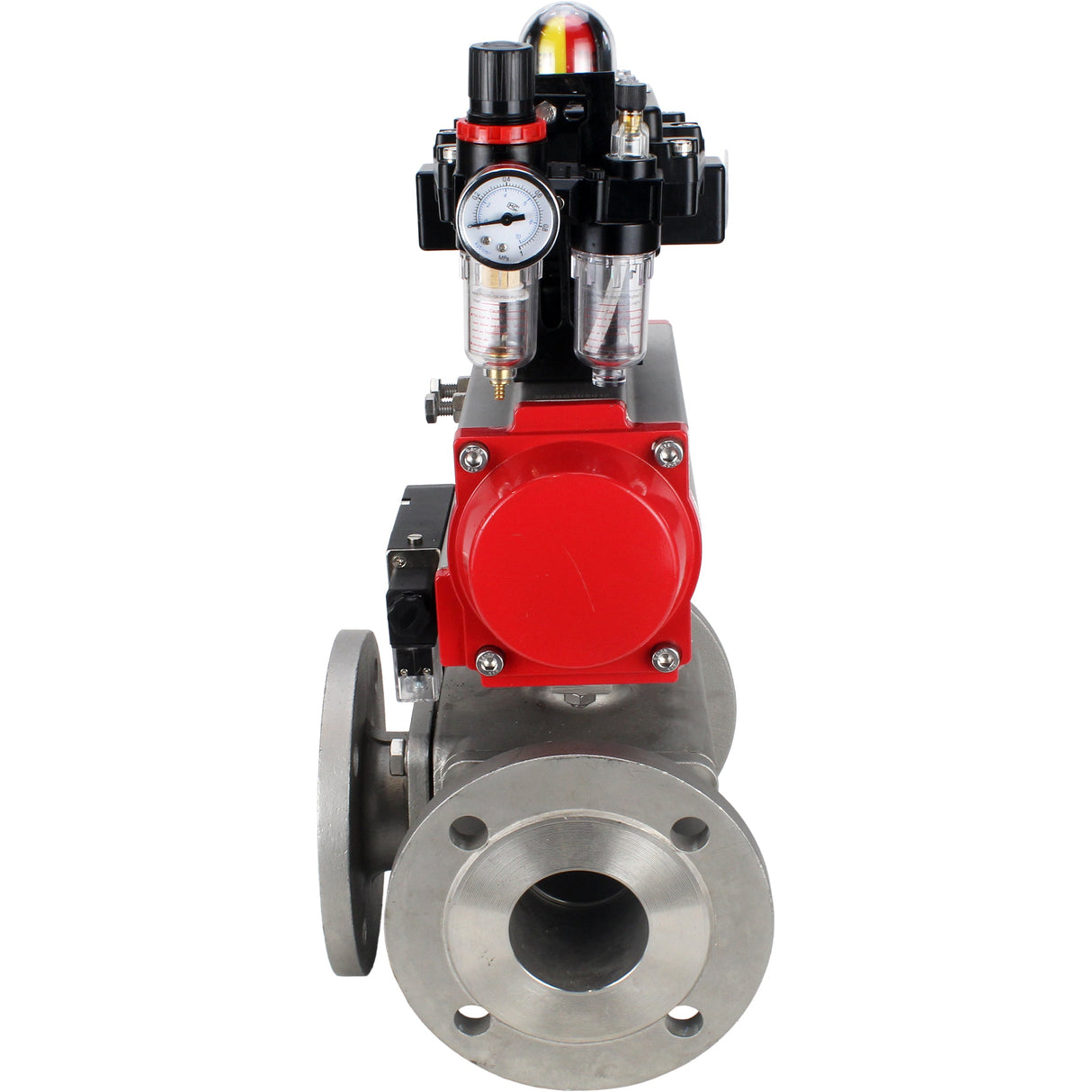 Ball valves Elephant BV3232P(4pc)-FP-3WL-F-ISO-H 16 bar full bore, flanged, body - stainless steel SS316, ISO flange F03/F04-F10/F12, square 9x9-19x19, with pneumatic drive PA-SA, pneumatic valve 4M310-08 NAMUR 220V, LSU APL-410N EX and ATU AF