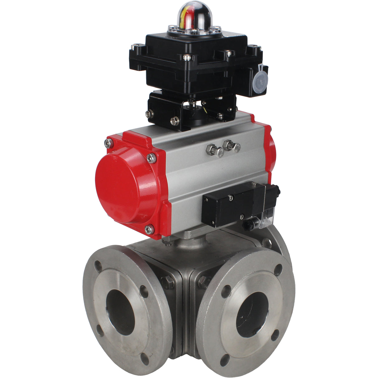 Ball valves Elephant BV3232P(4pc)-FP-3WL-F-ISO-H 16 bar full bore, flanged, body - stainless steel SS316, ISO flange F03/F04-F10/F12, square 9x9-19x19, with pneumatic drive PA-SA, pneumatic valve 4M310-08 NAMUR 24V and LSU APL-410N EX