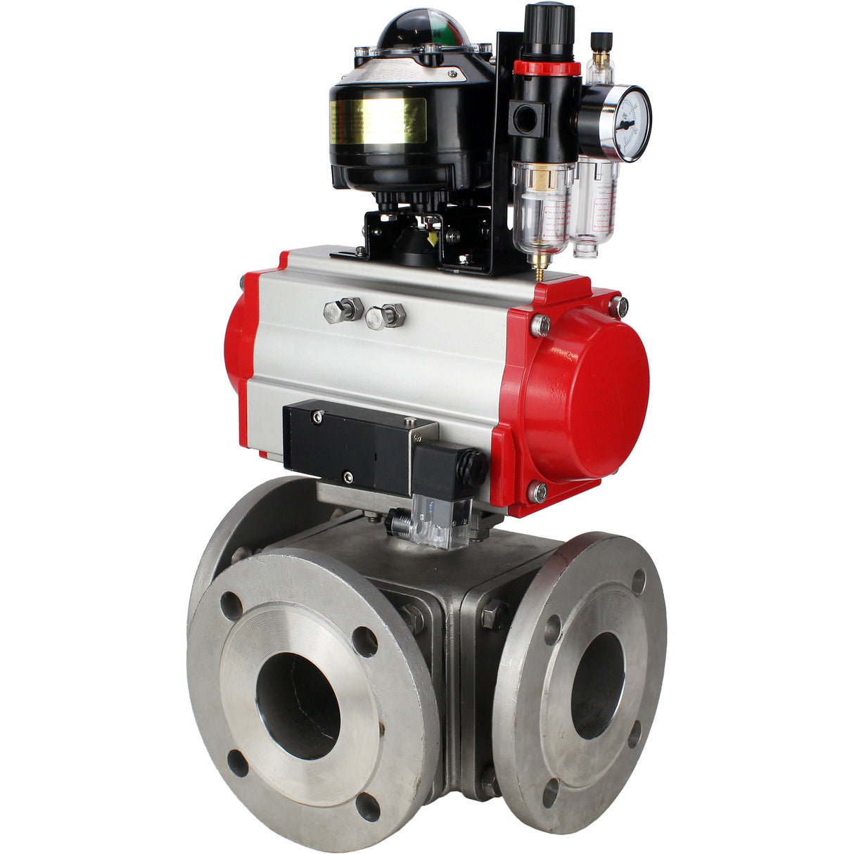 Ball valves Elephant BV3232P(4pc)-FP-3WL-F-ISO-H 16 bar full bore, flanged, body - stainless steel SS316, ISO flange F03/F04-F10/F12, square 9x9-19x19, with pneumatic drive PA-DA, pneumatic distributor 4M310-08 NAMUR 24V, LSU APL-510N EX and ATU AFC