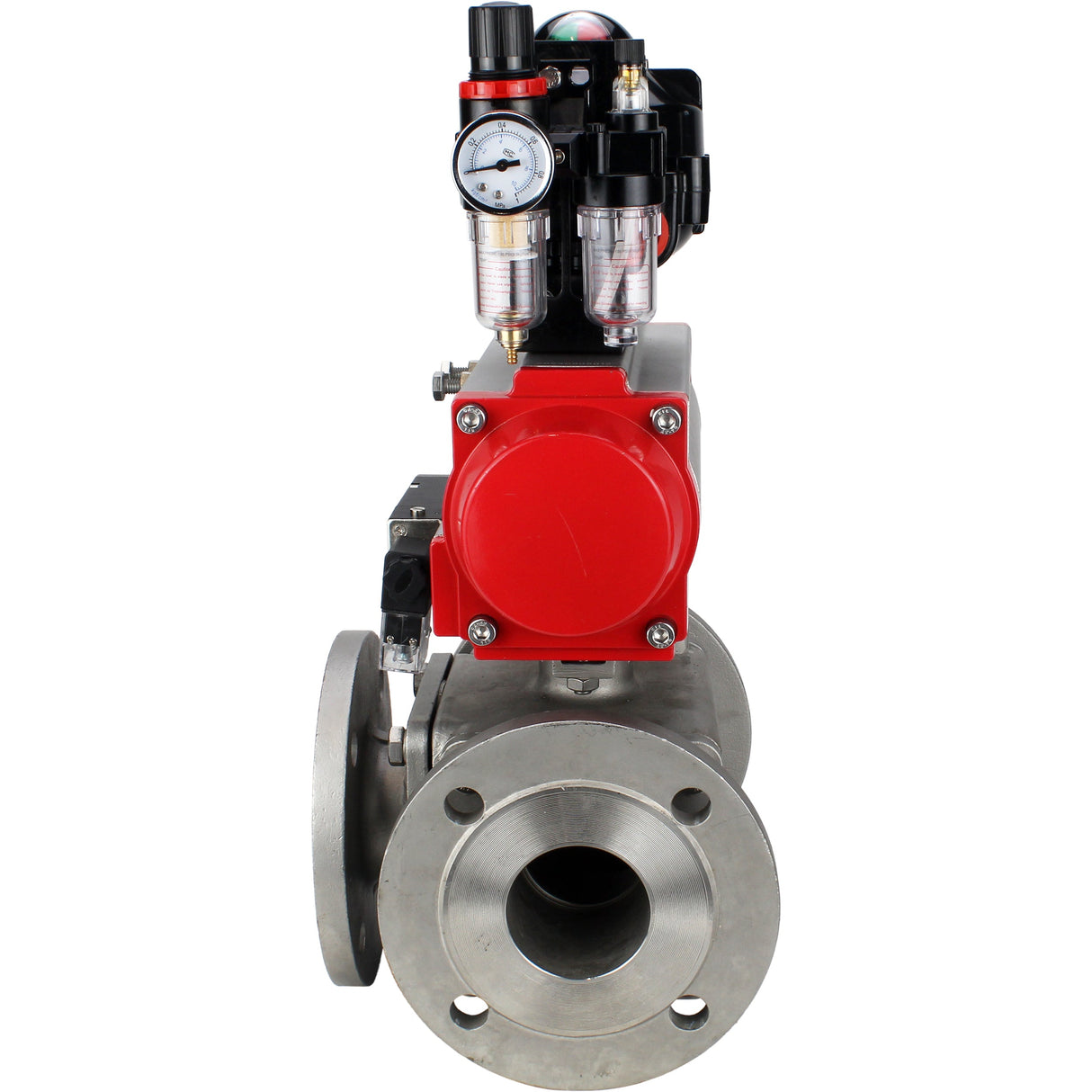 Ball valves Elephant BV3232P(4pc)-FP-3WL-F-ISO-H 16 bar full bore, flanged, body - stainless steel SS316, ISO flange F03/F04-F10/F12, square 9x9-19x19, with pneumatic drive PA-SA, pneumatic valve 4M310-08 NAMUR 220V, LSU APL-510N EX and ATU AF
